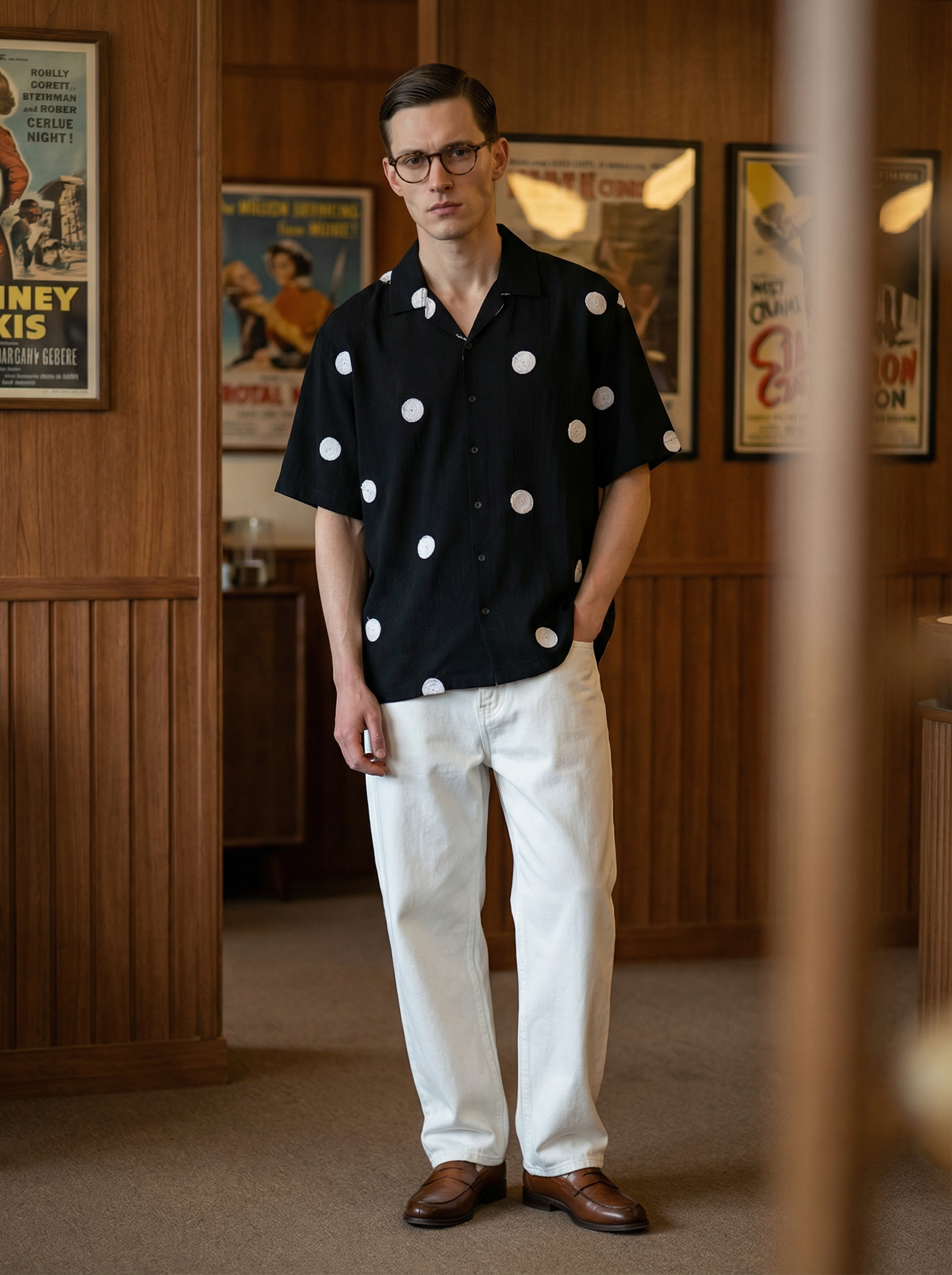 Black Polyester Cotton Oversized Cuban-Collar Shirt