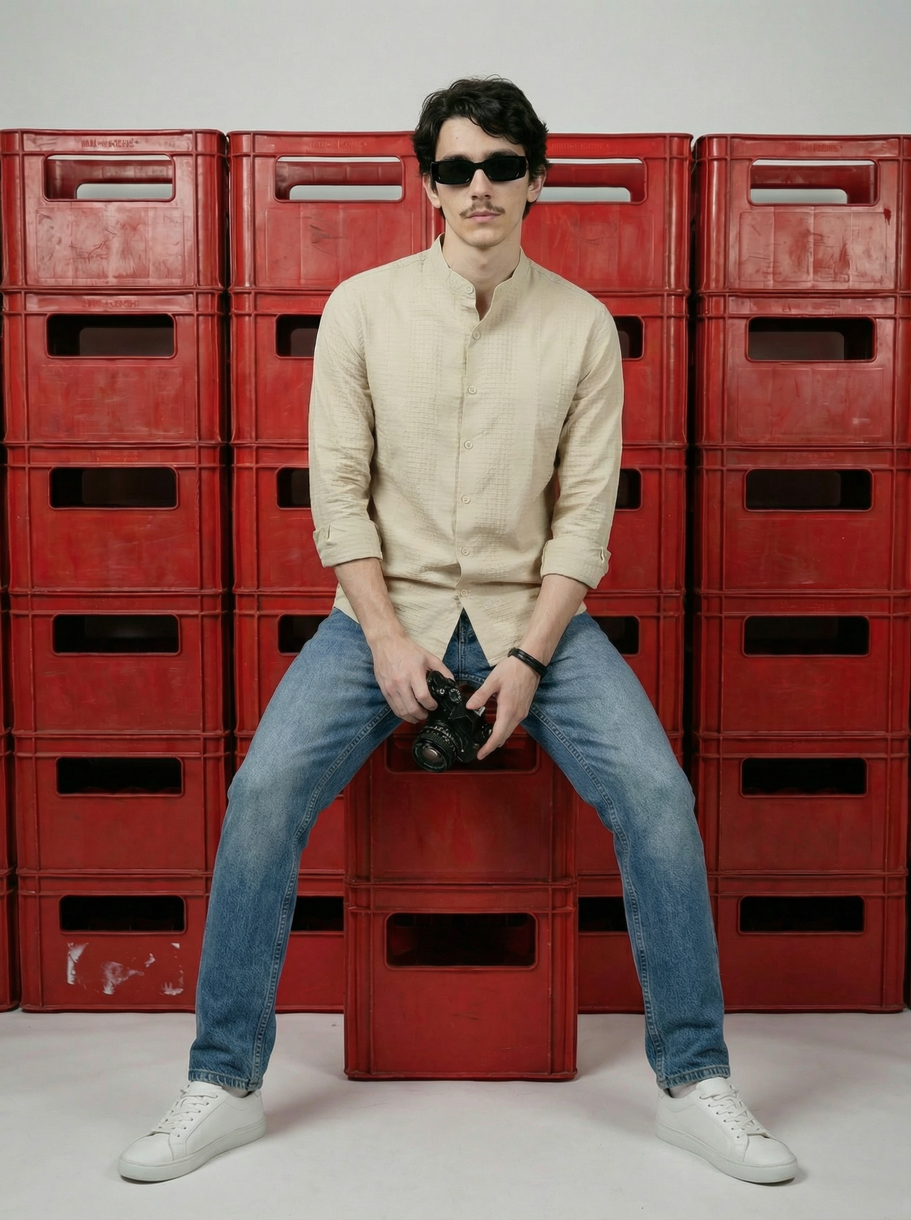 Beige Velvet Cotton Lycra Fazyo Regular Fit Mandarin Collar Full Sleeve Shirt