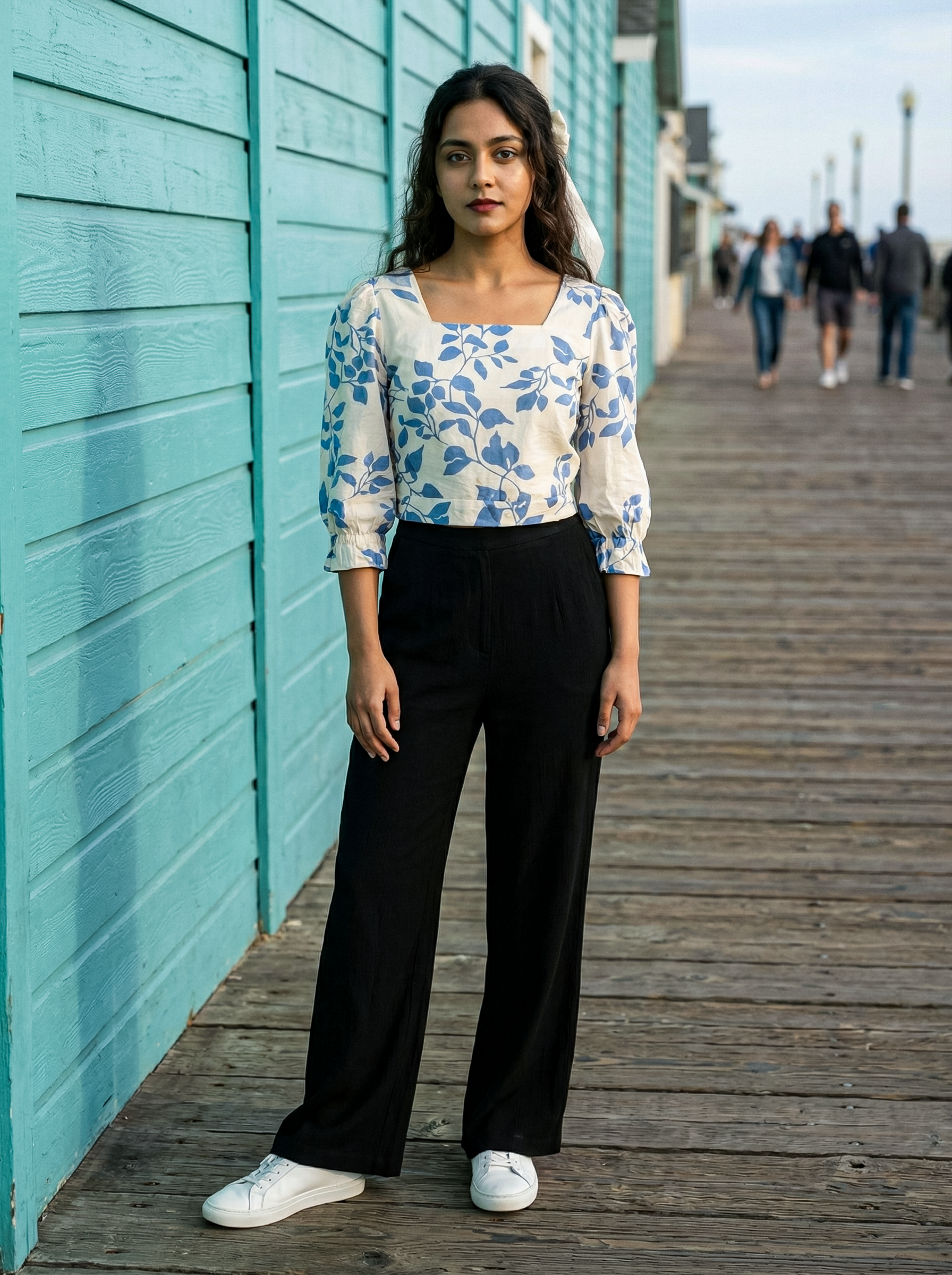 Women's Blue Nylon Viscose Imp Top with Square Neck