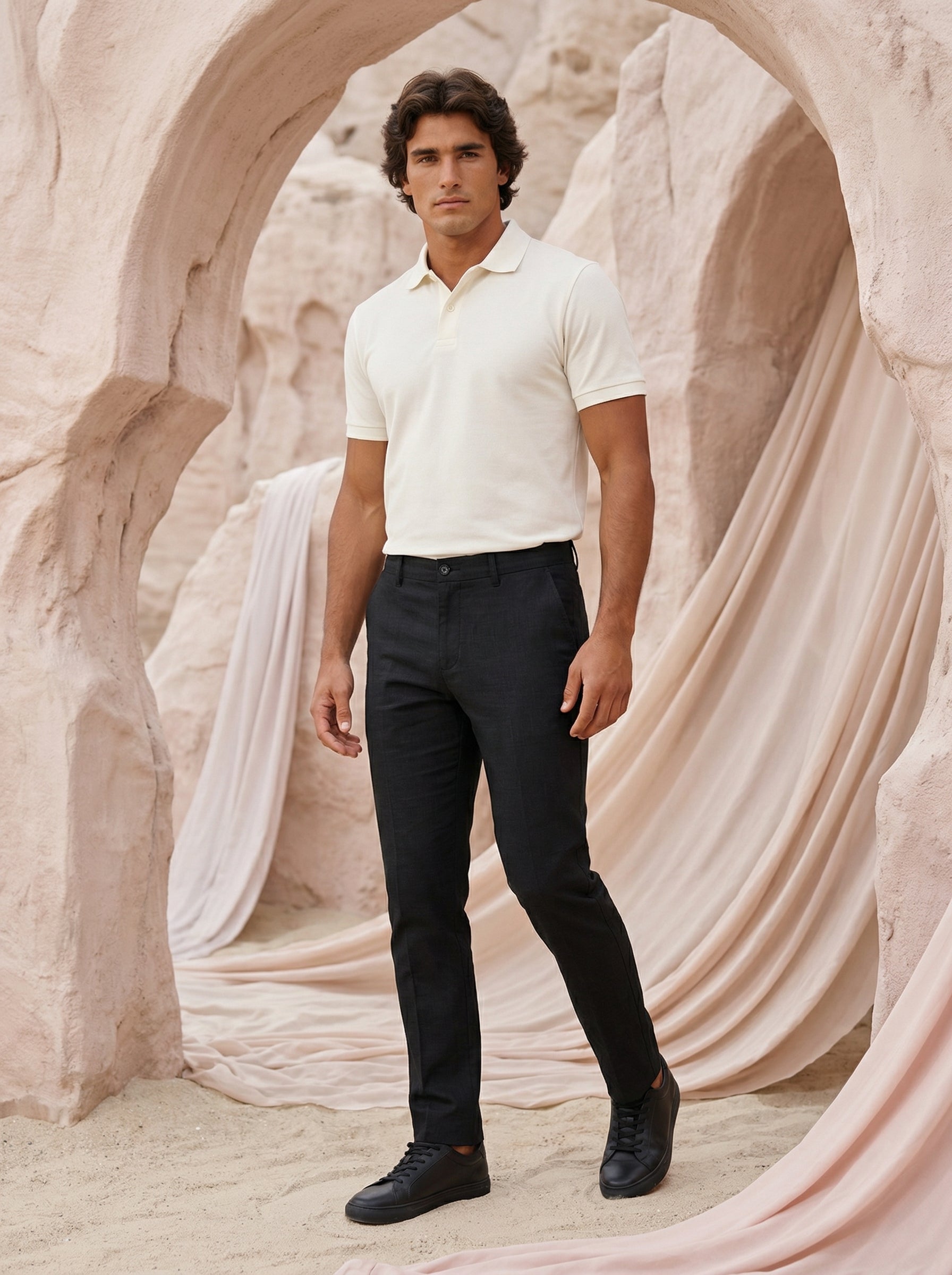 Men’s Black Casual Fancy Linen Dobby Trousers