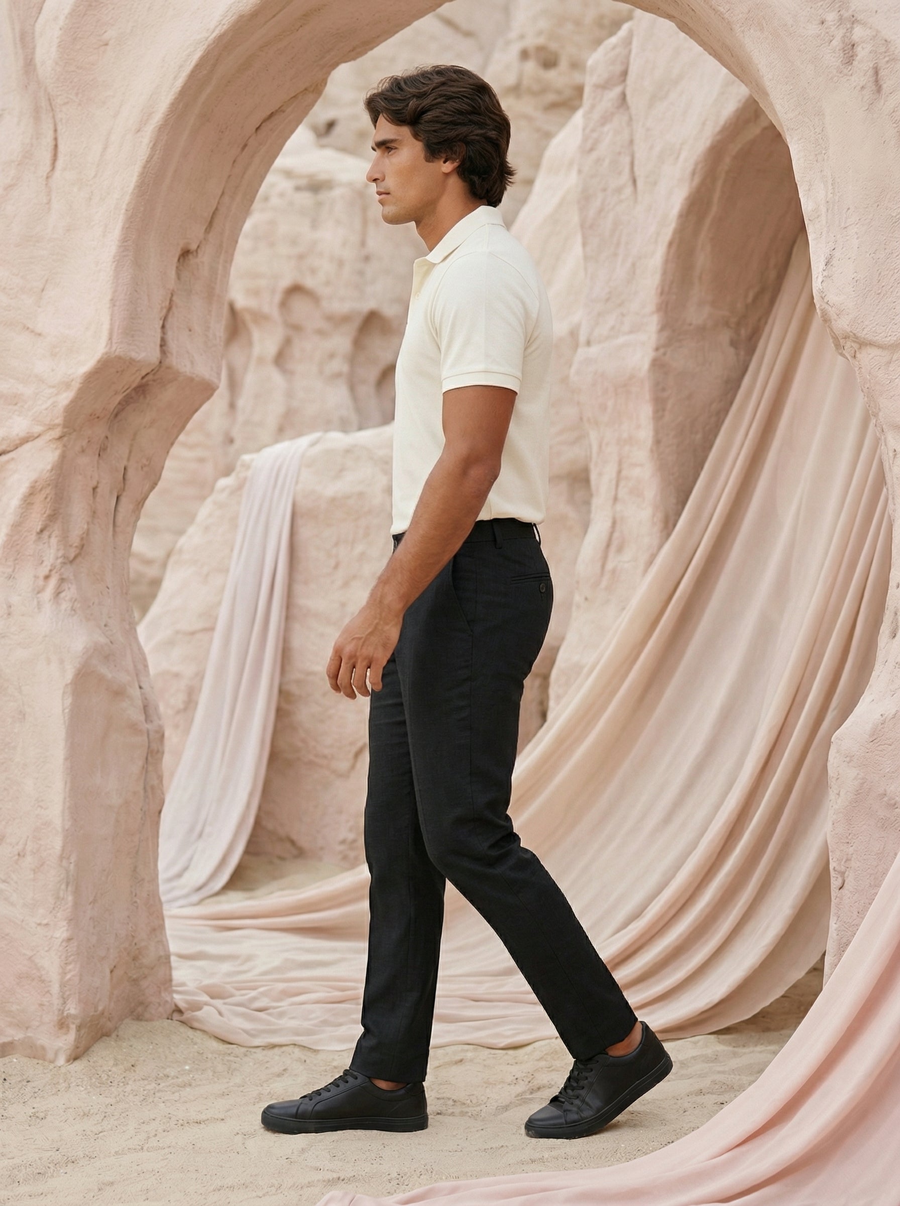 Men’s Black Casual Fancy Linen Dobby Trousers