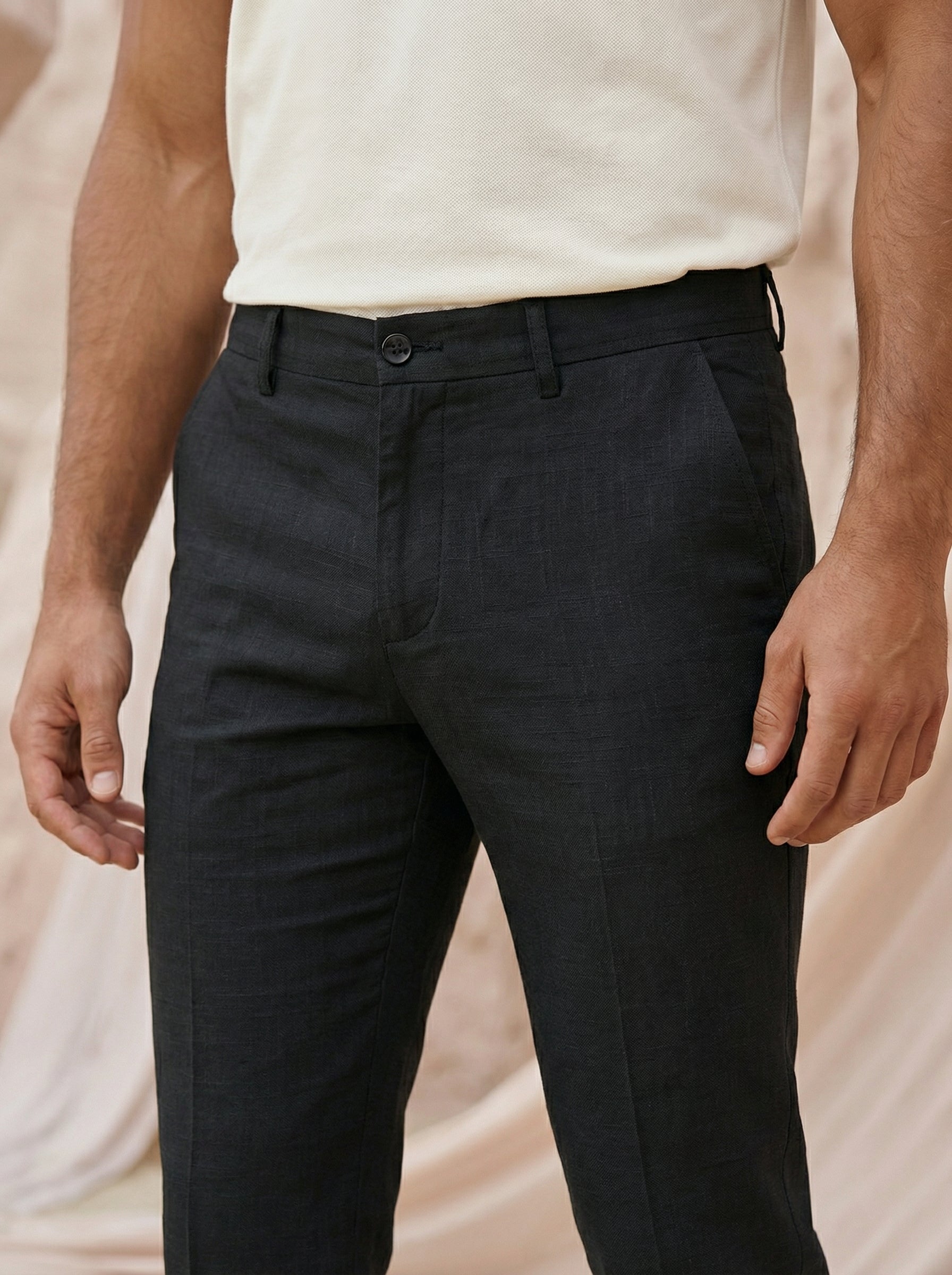 Men’s Black Casual Fancy Linen Dobby Trousers