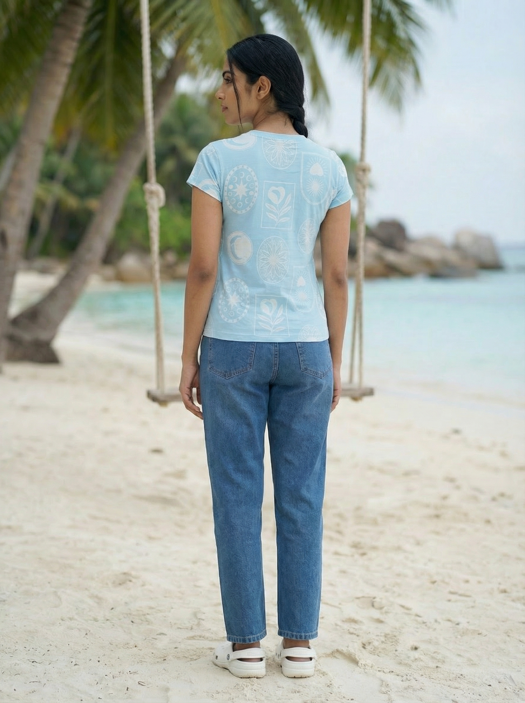 Women’s Light Blue Chest Printed Regular Fit T-Shirt