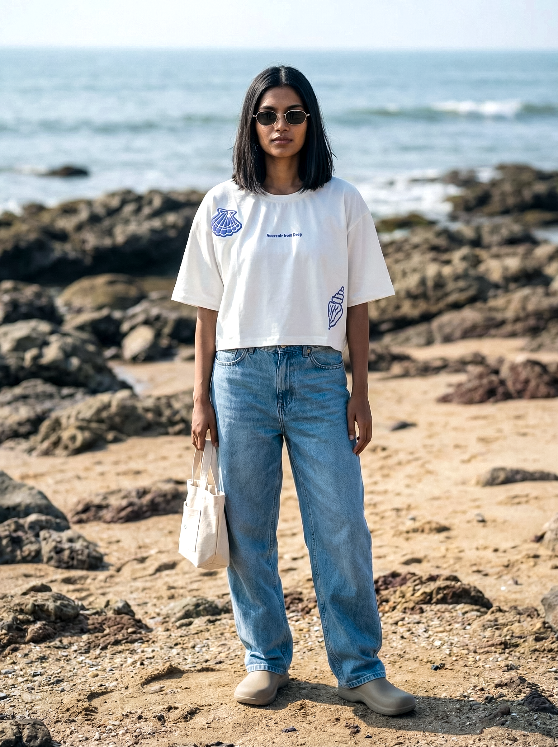 Women’s Off-White Oversized Round Neck Crop Top