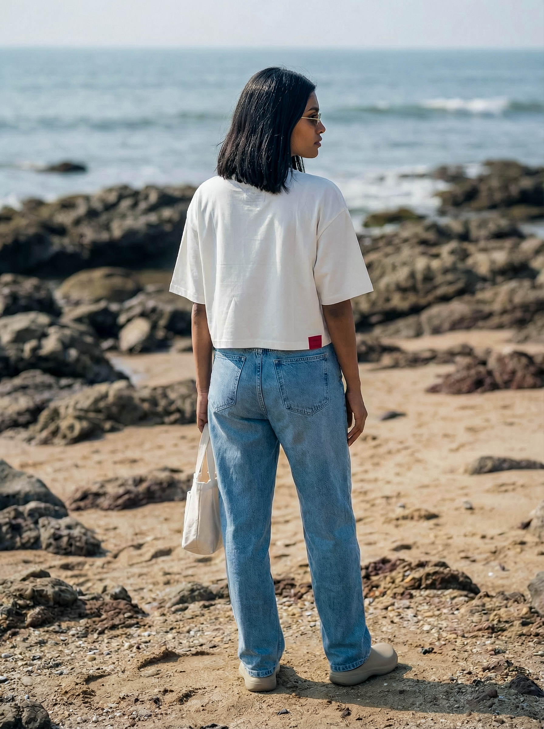 Women’s Off-White Oversized Round Neck Crop Top