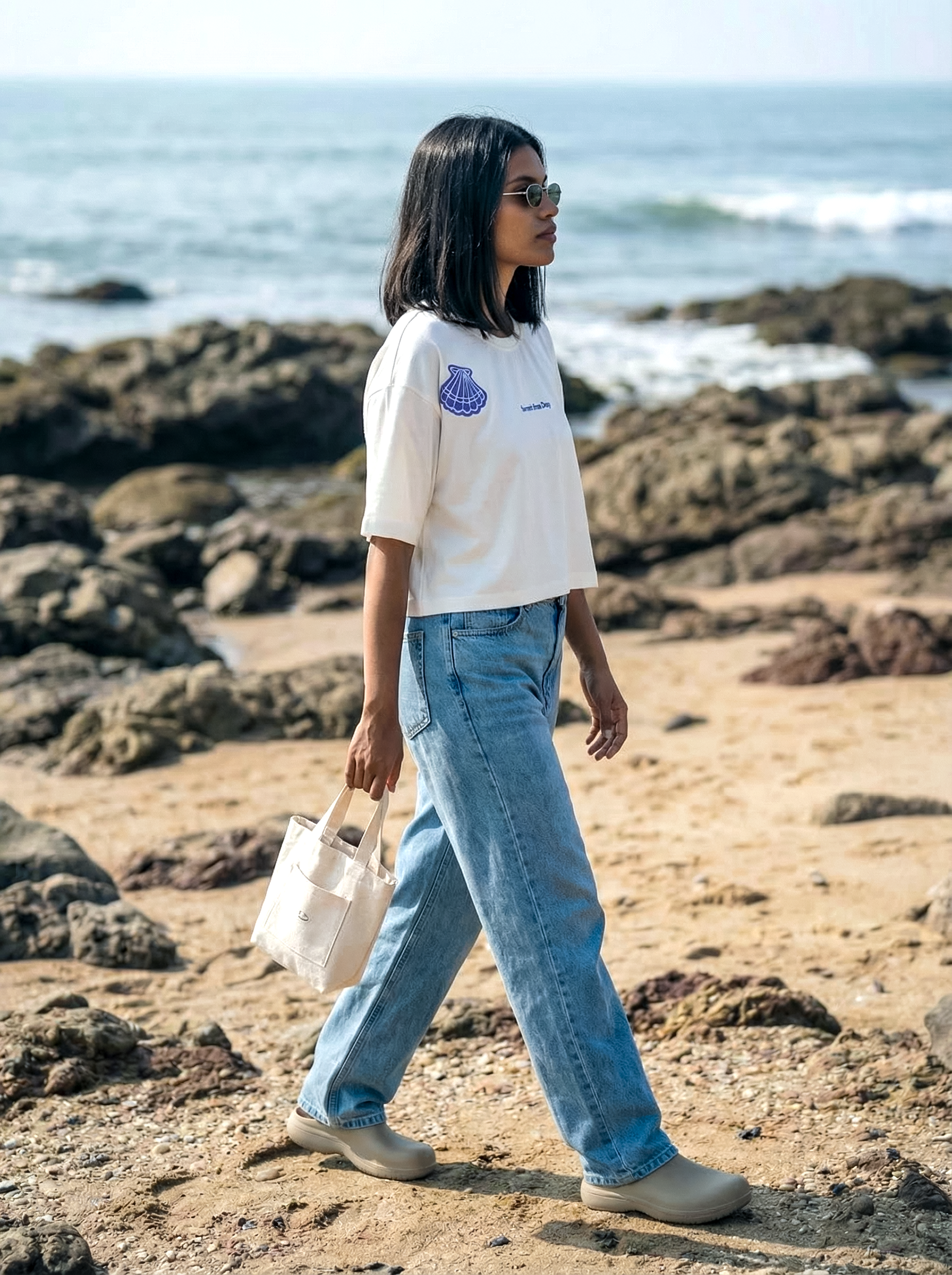 Women’s Off-White Oversized Round Neck Crop Top