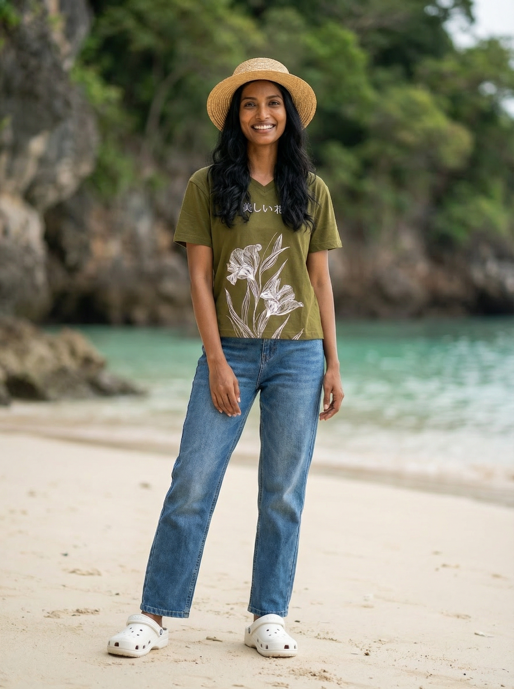 Women’s Olive Green Casual Oversized Printed T-Shirt