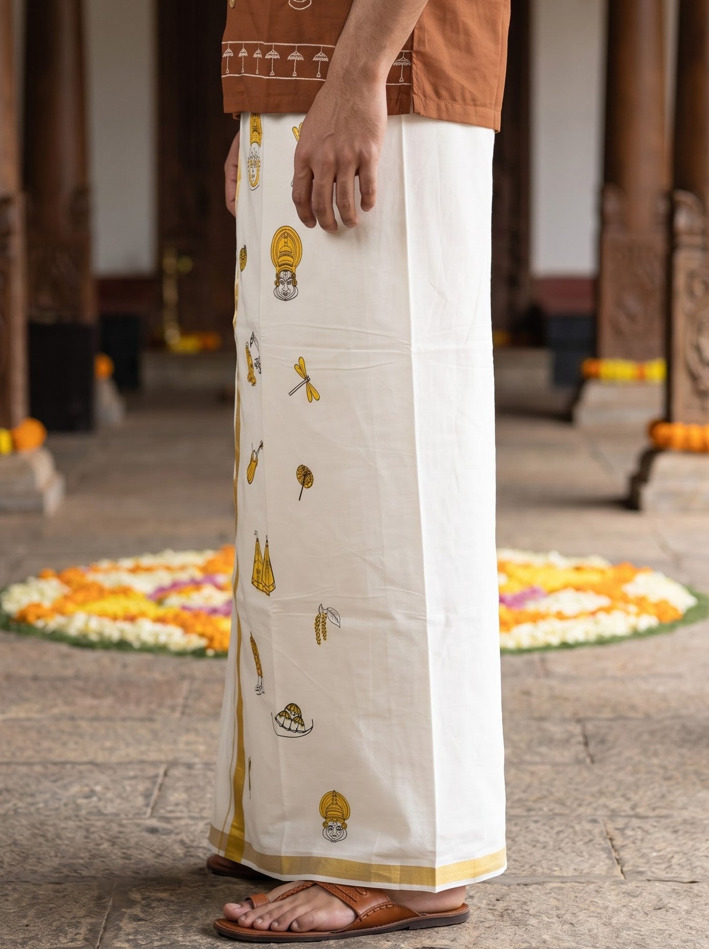 Men's Cream Golden Kasavu Printed Onam Special Dhoti