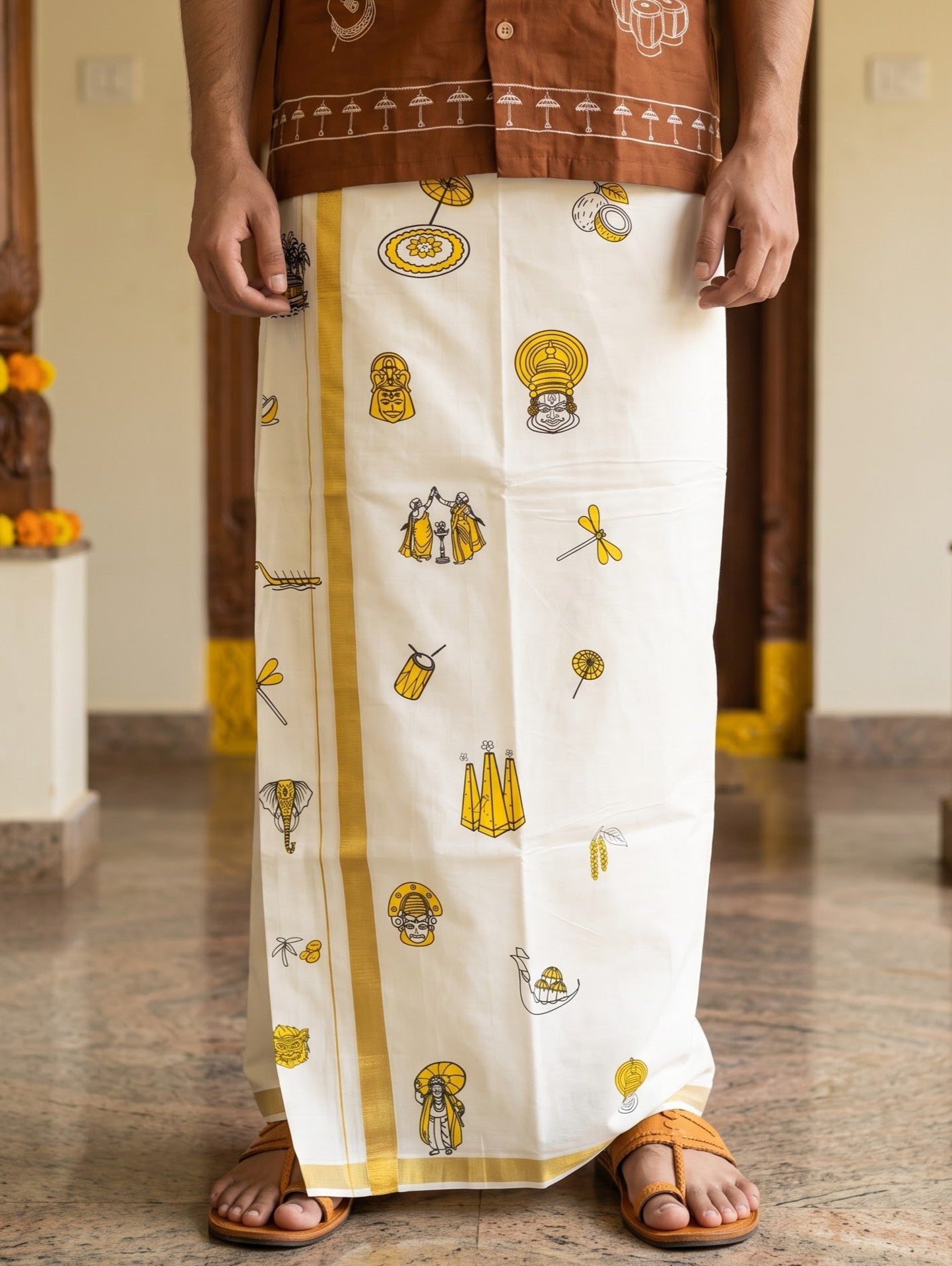 Men's Cream Golden Kasavu Printed Onam Special Dhoti