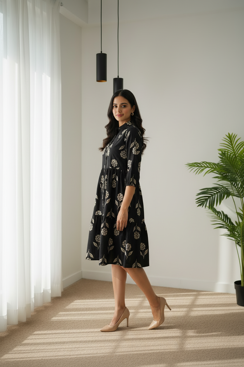 Black Tyred Collar Neck Women’s Dresses