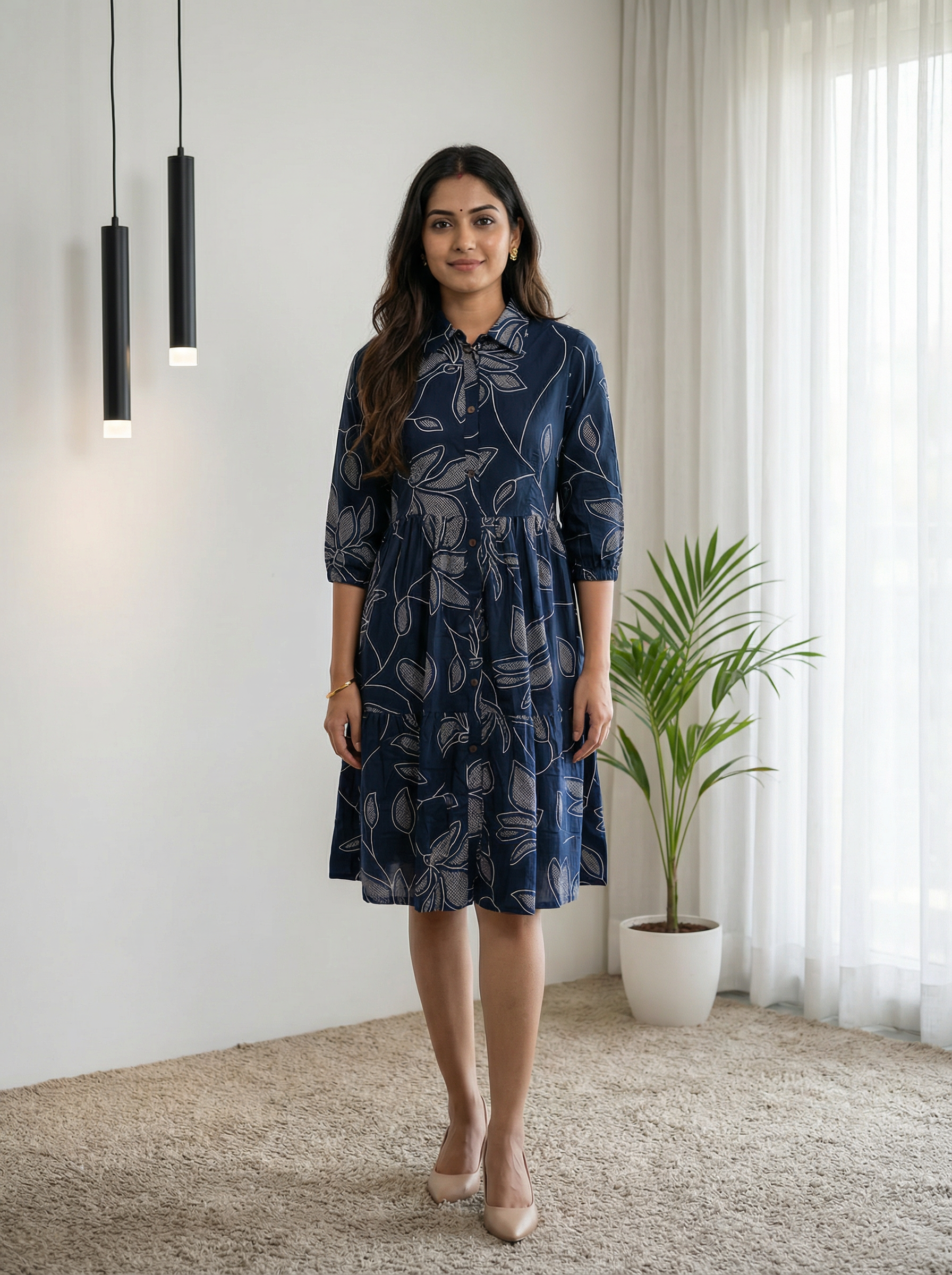 Navy Blue Tyred Collar Neck Women’s Dresses