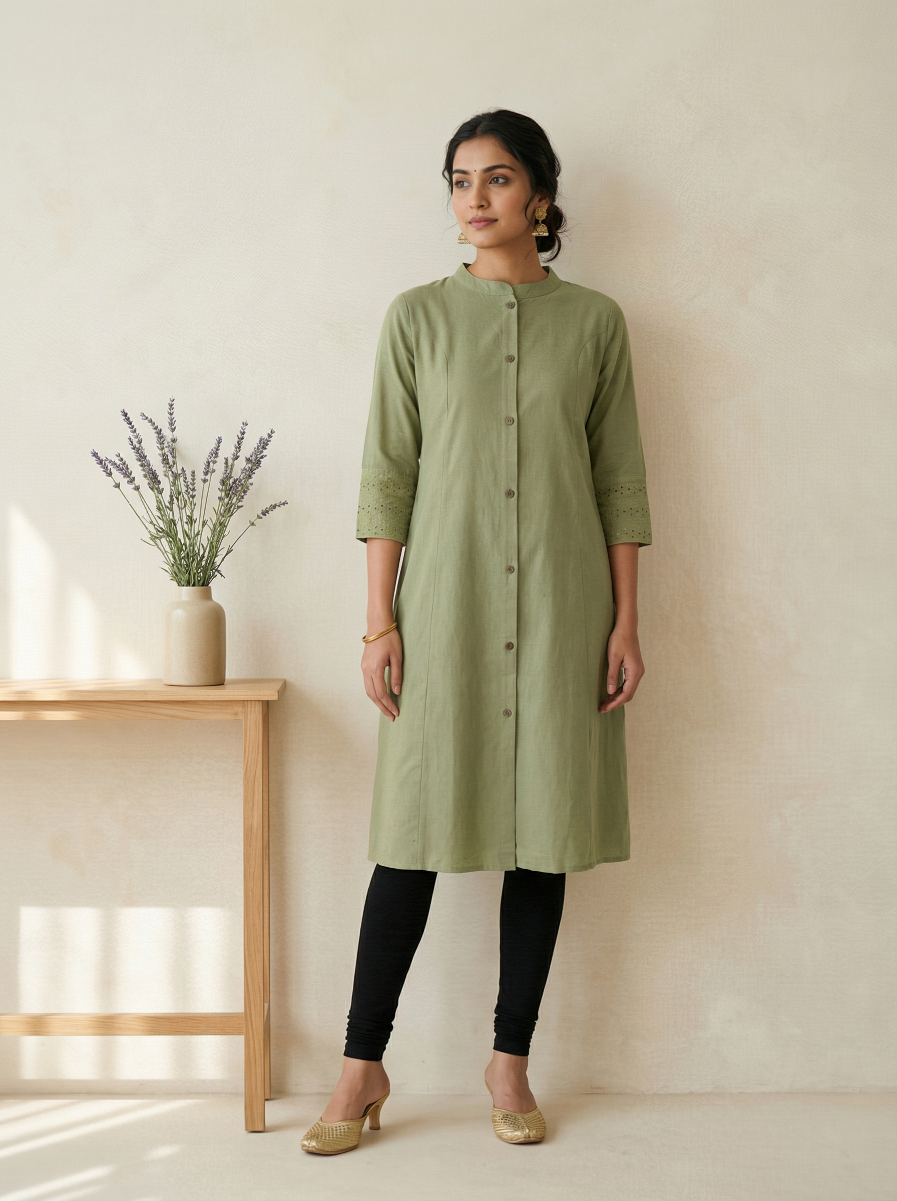 Green Flex Cotton A-Line Kurti with Mandarin Collar