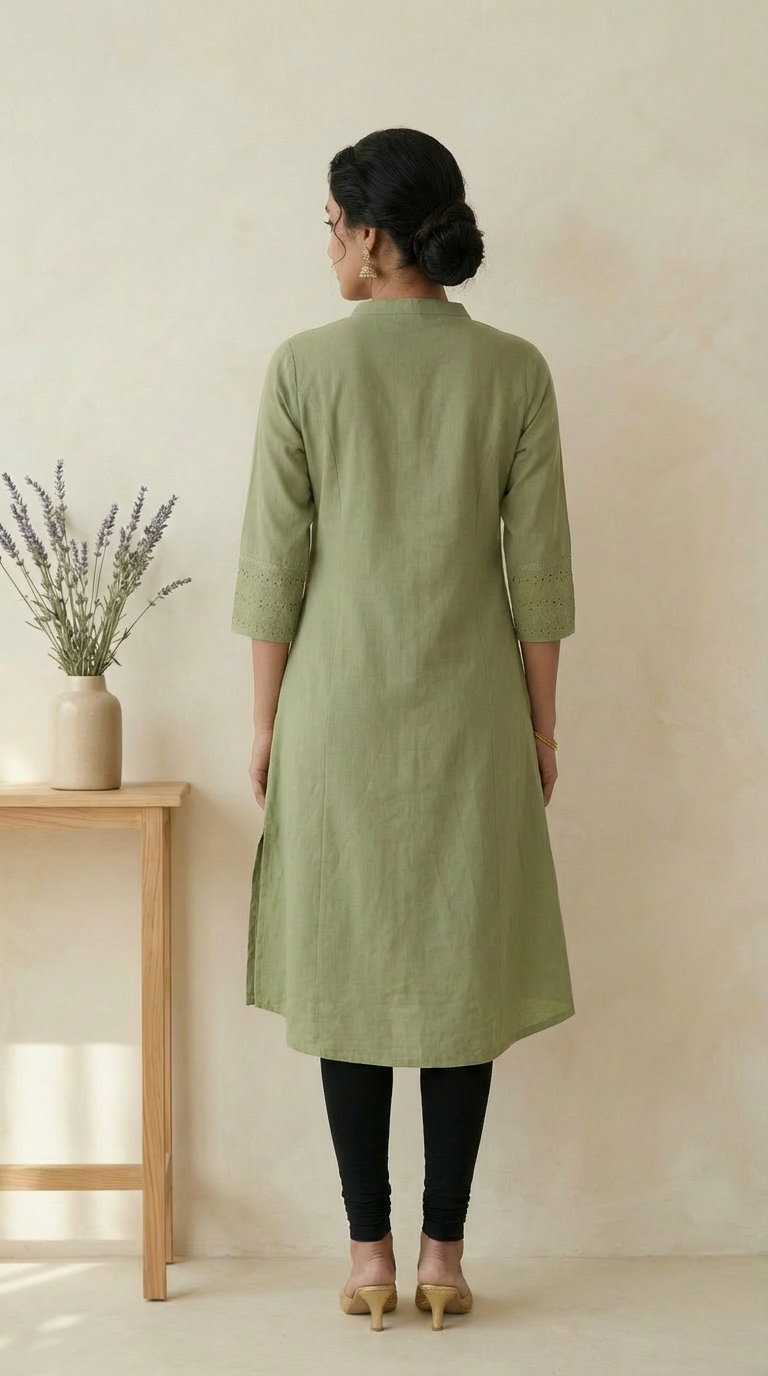 Green Flex Cotton A-Line Kurti with Mandarin Collar