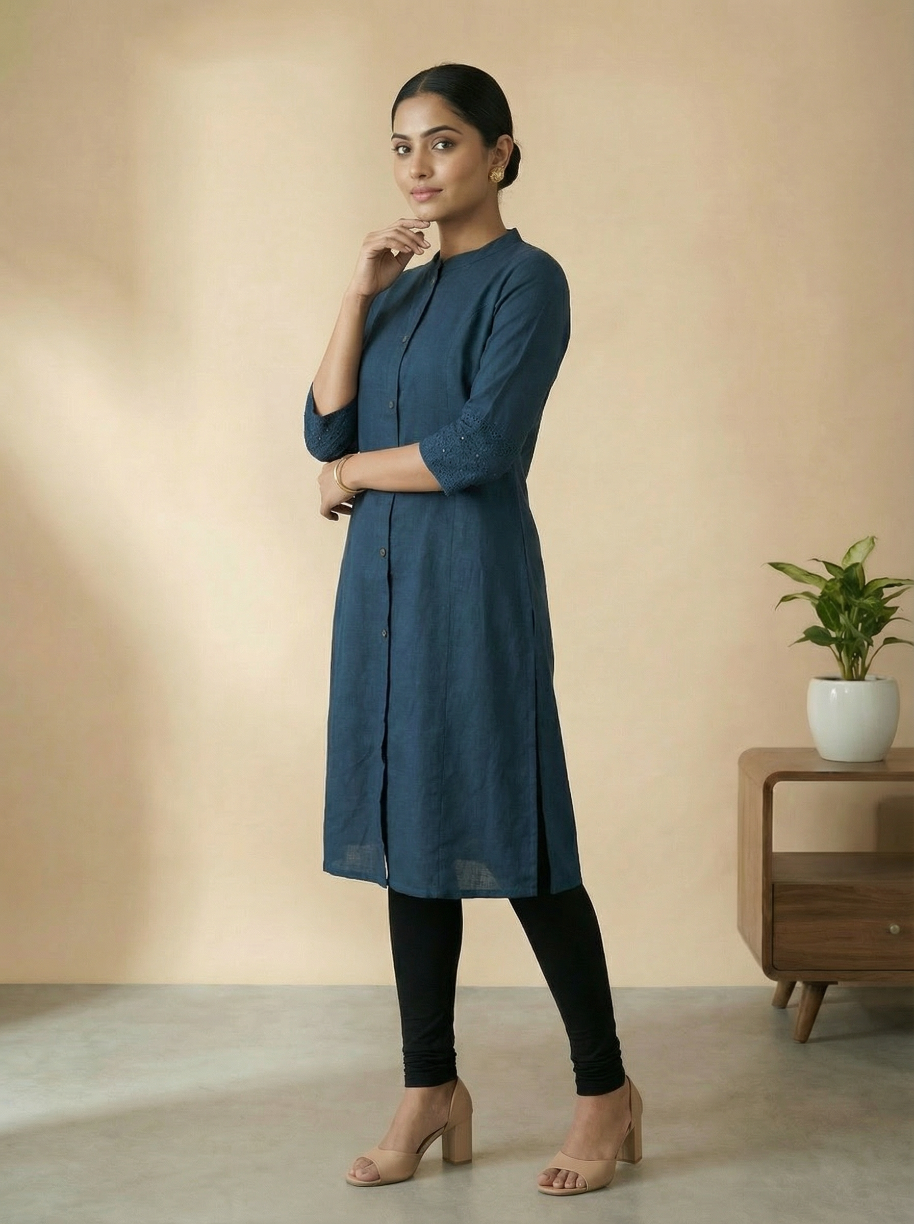 Navy Blue Flex Cotton A-Line Kurti with Mandarin Collar