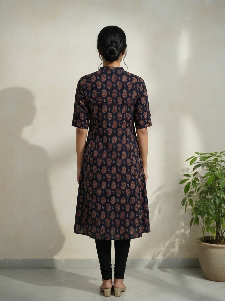 Navy Blue Ajrakh Fusion A-Line Kurti