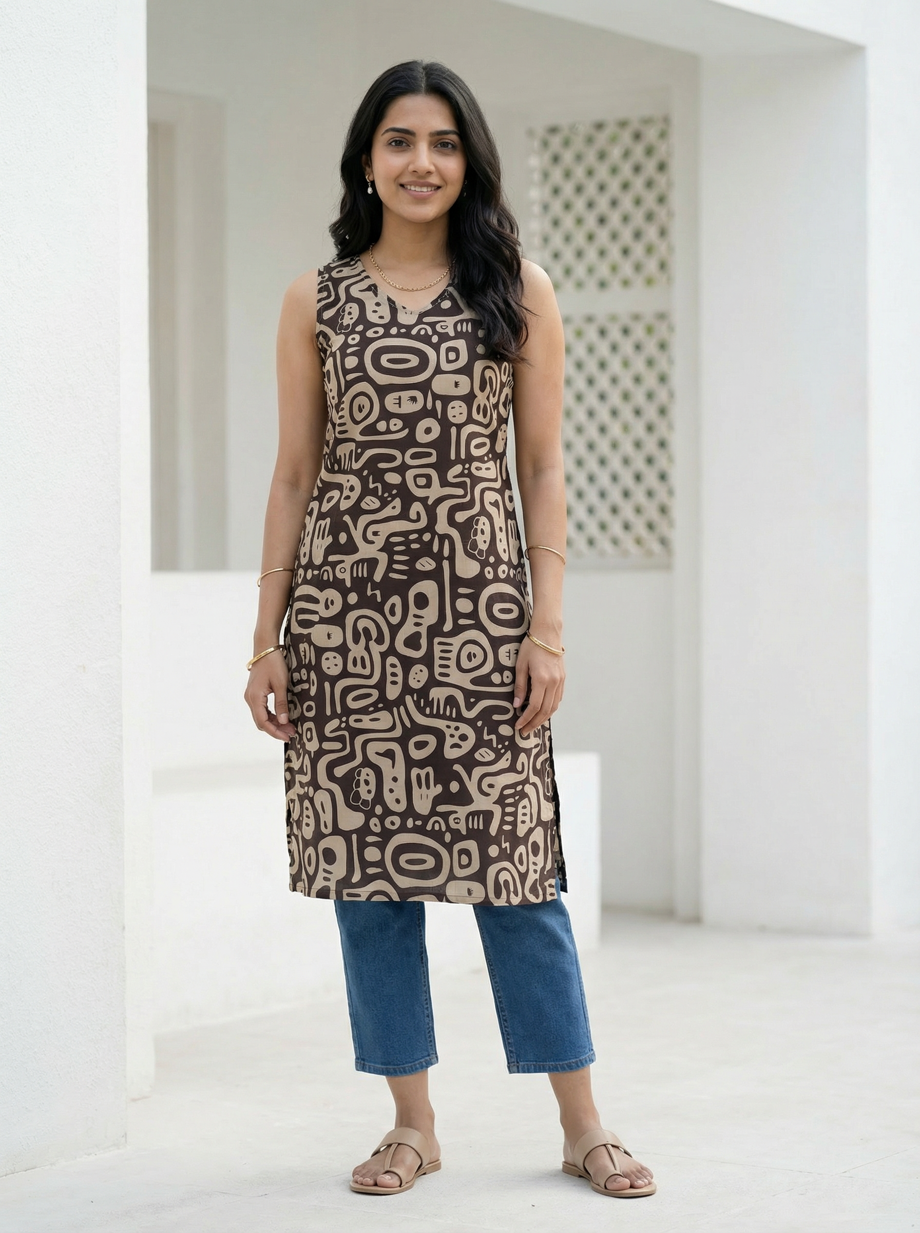 Women’s Brown Thread Work Neck Straight Cut Sleeveless Top