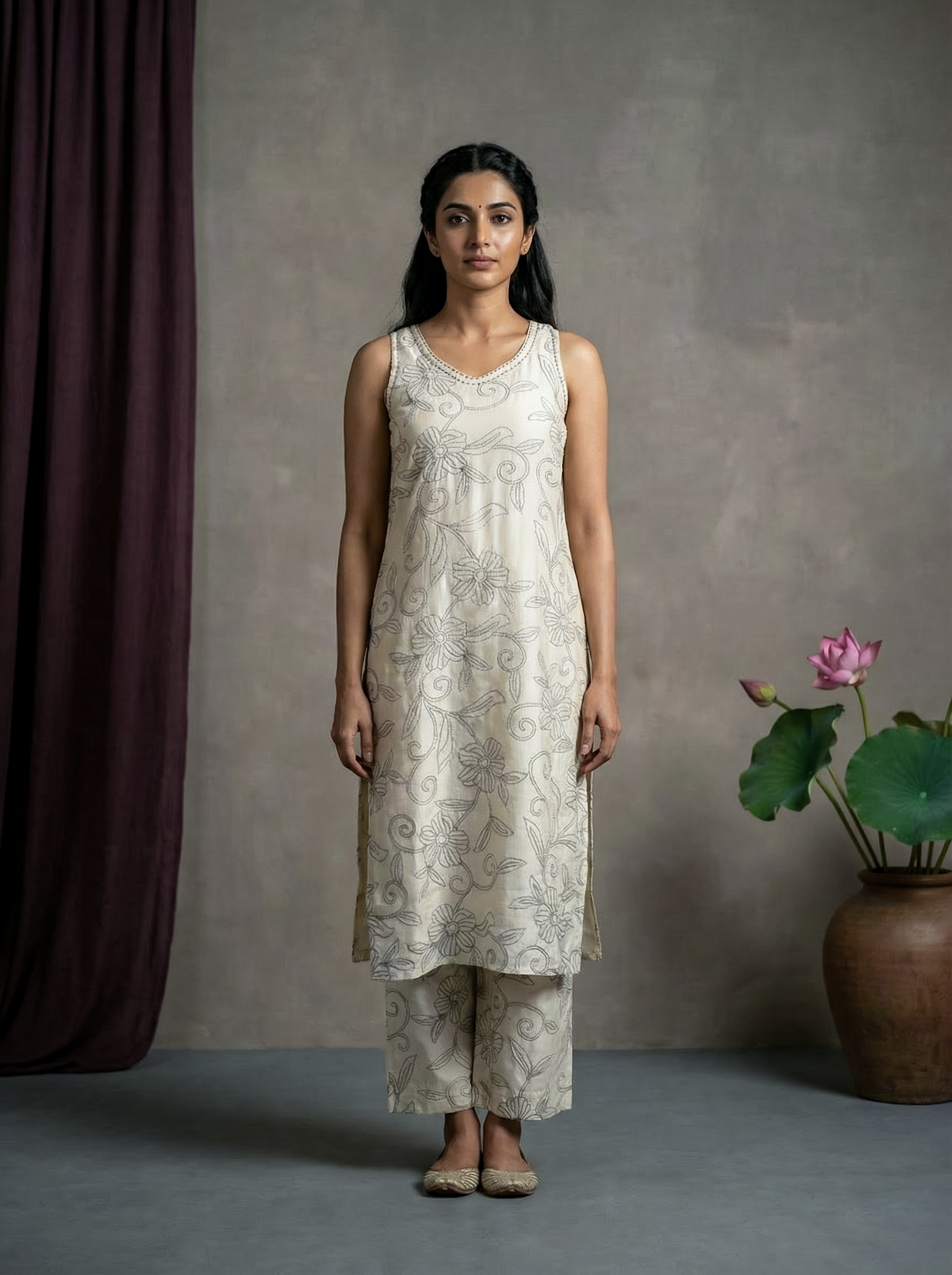 Women’s Cream Vatican Print Kurti Palazzo Set with Thread Work