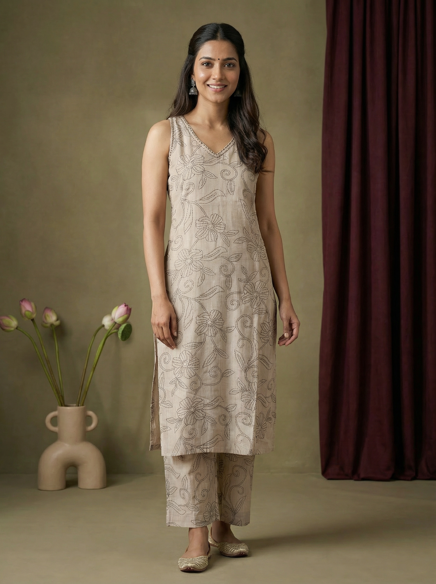 Women’s Vatican Print Kurti Palazzo Set with Thread Work