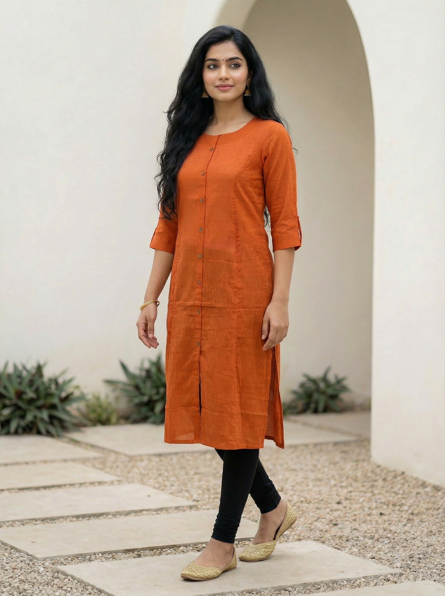 Rust Cotton Dobby Regular Round Neck Kurti