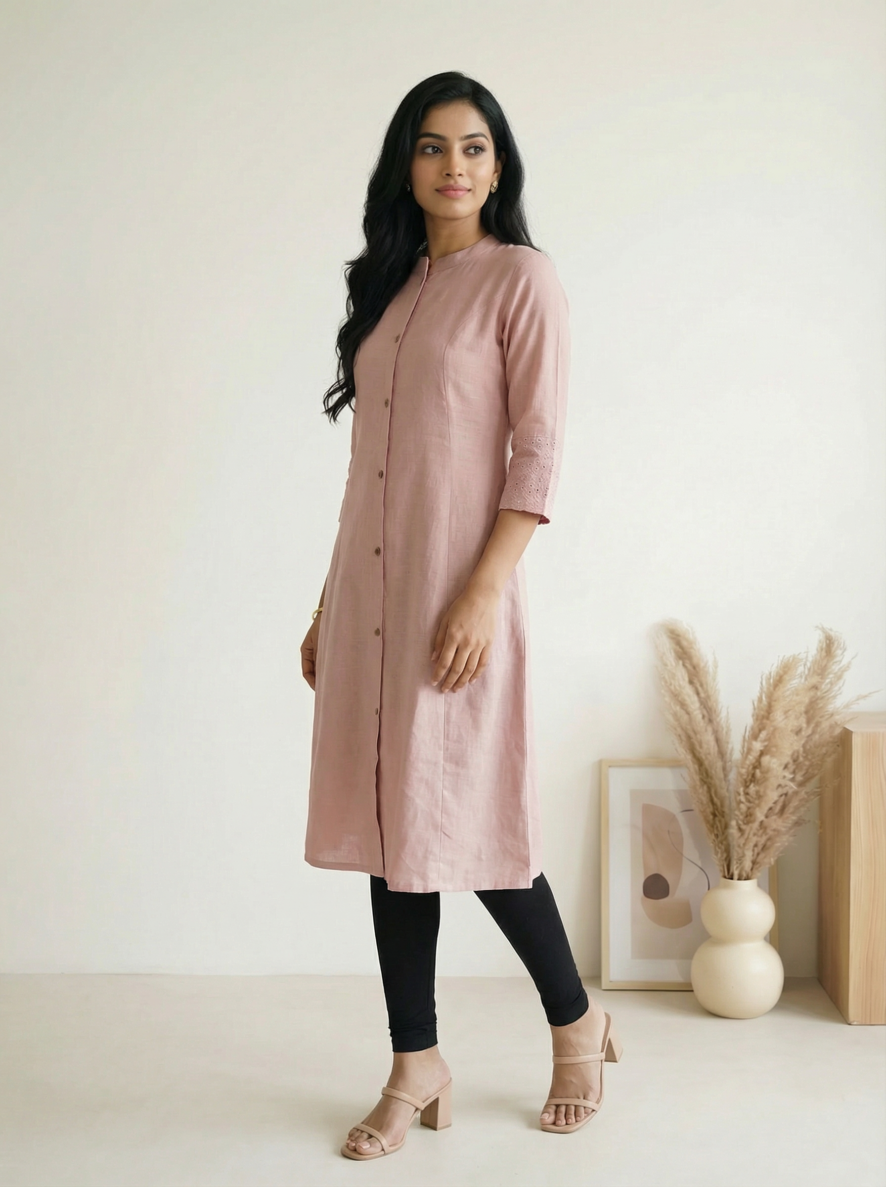 Pink Flex Cotton A-Line Kurti with Mandarin Collar