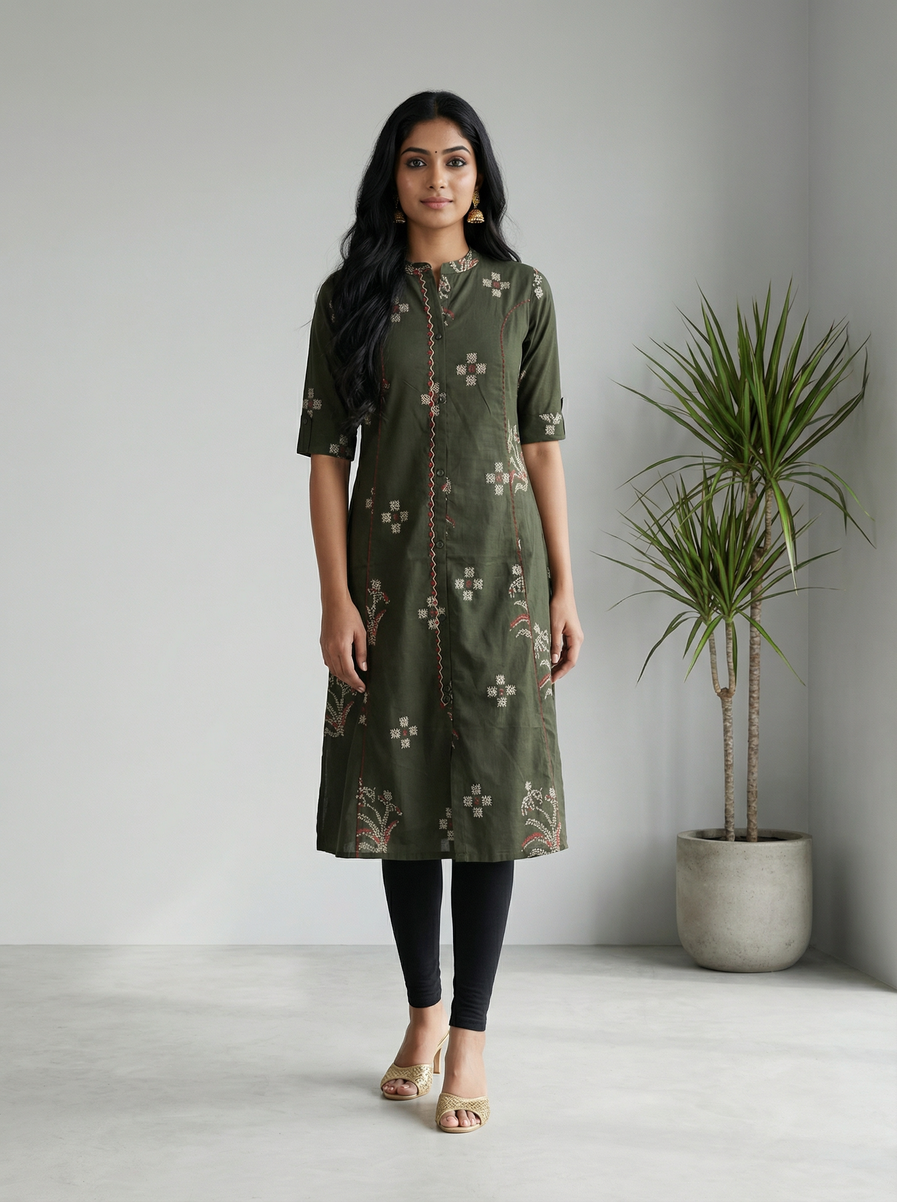 Olive Green Cotton A-Line Kurti with Mandarin Collar