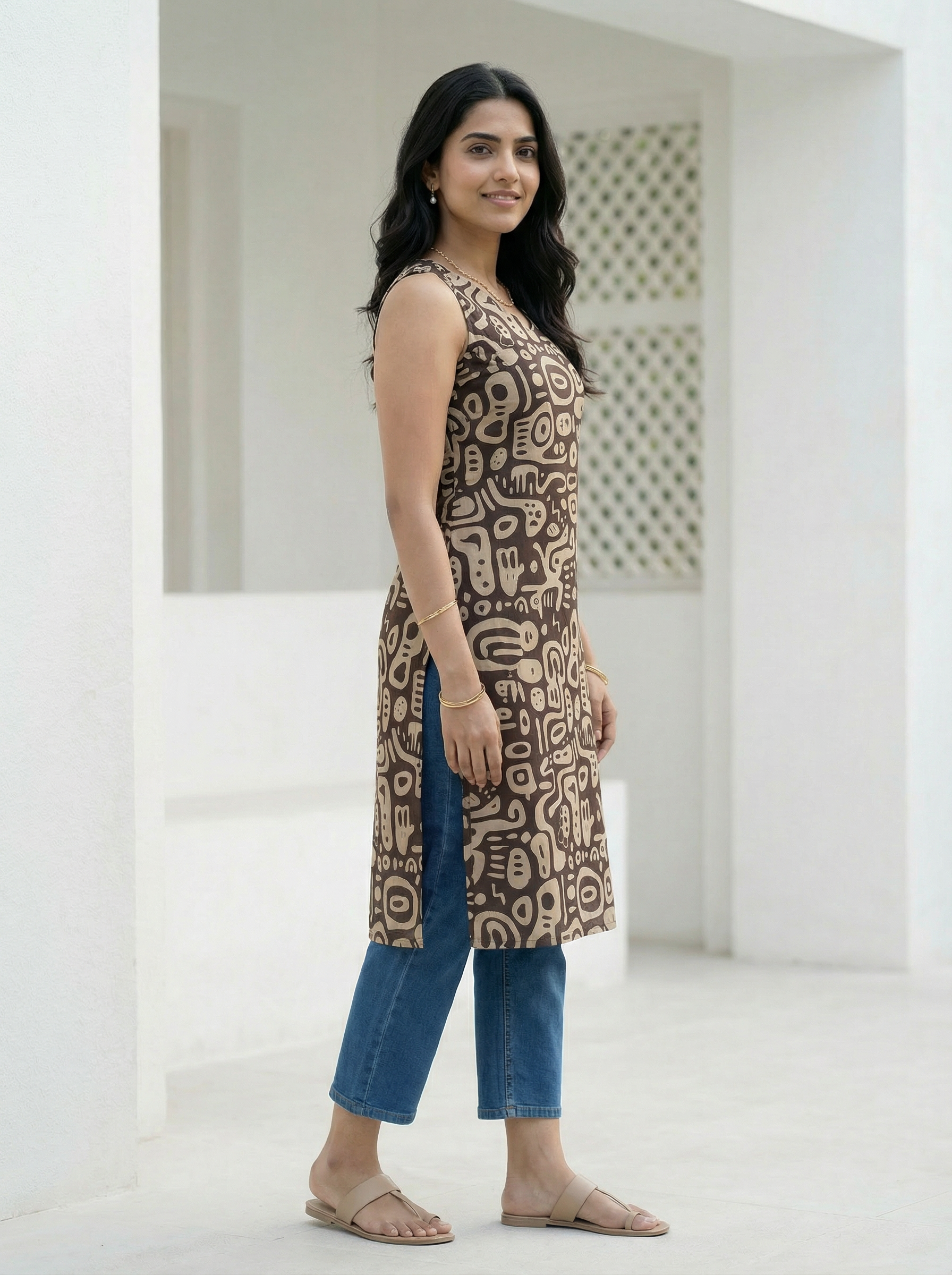 Women’s Brown Thread Work Neck Straight Cut Sleeveless Top