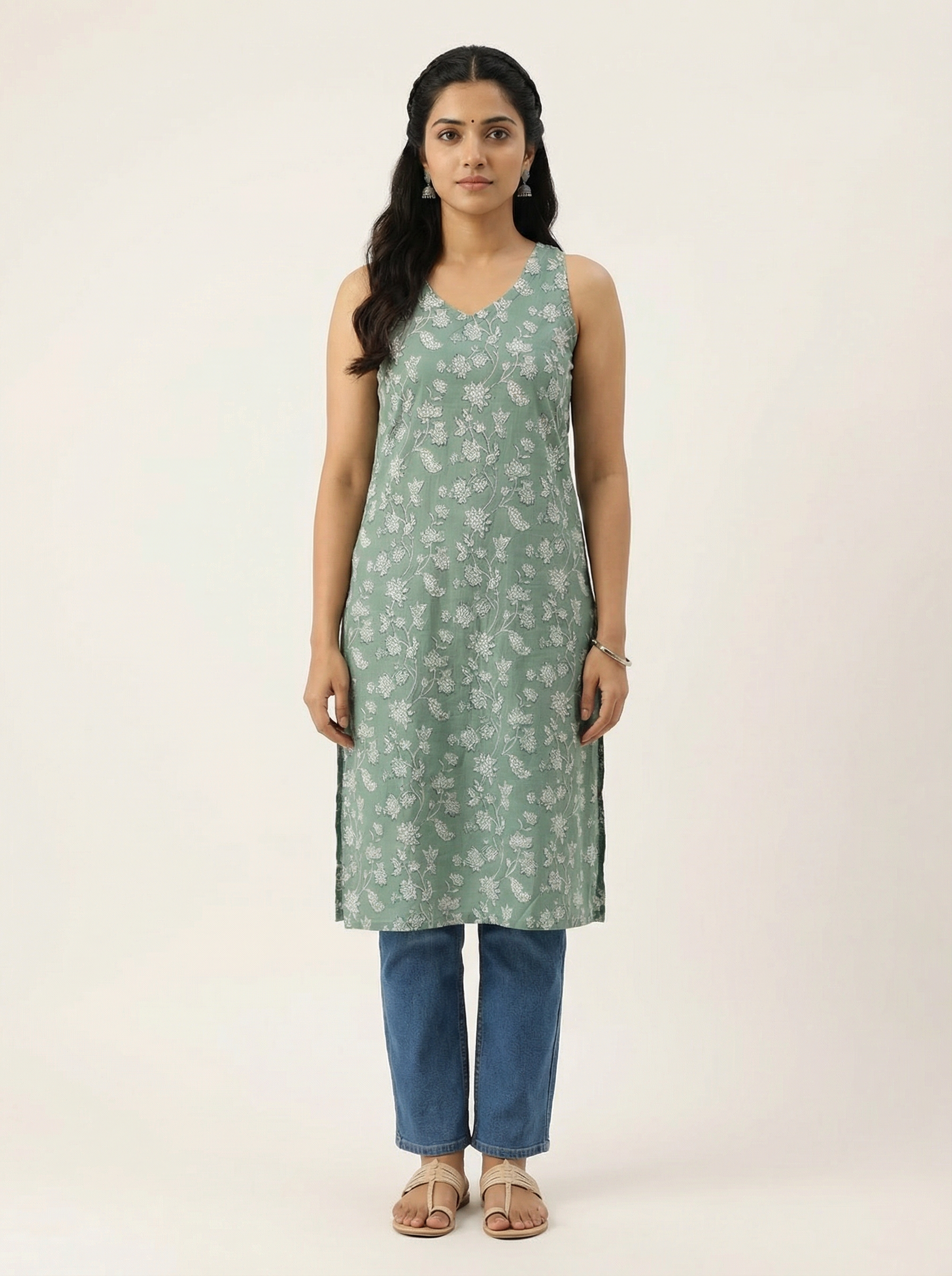 Women’s Green Thread Work Neck Straight Cut Sleeveless Kurti