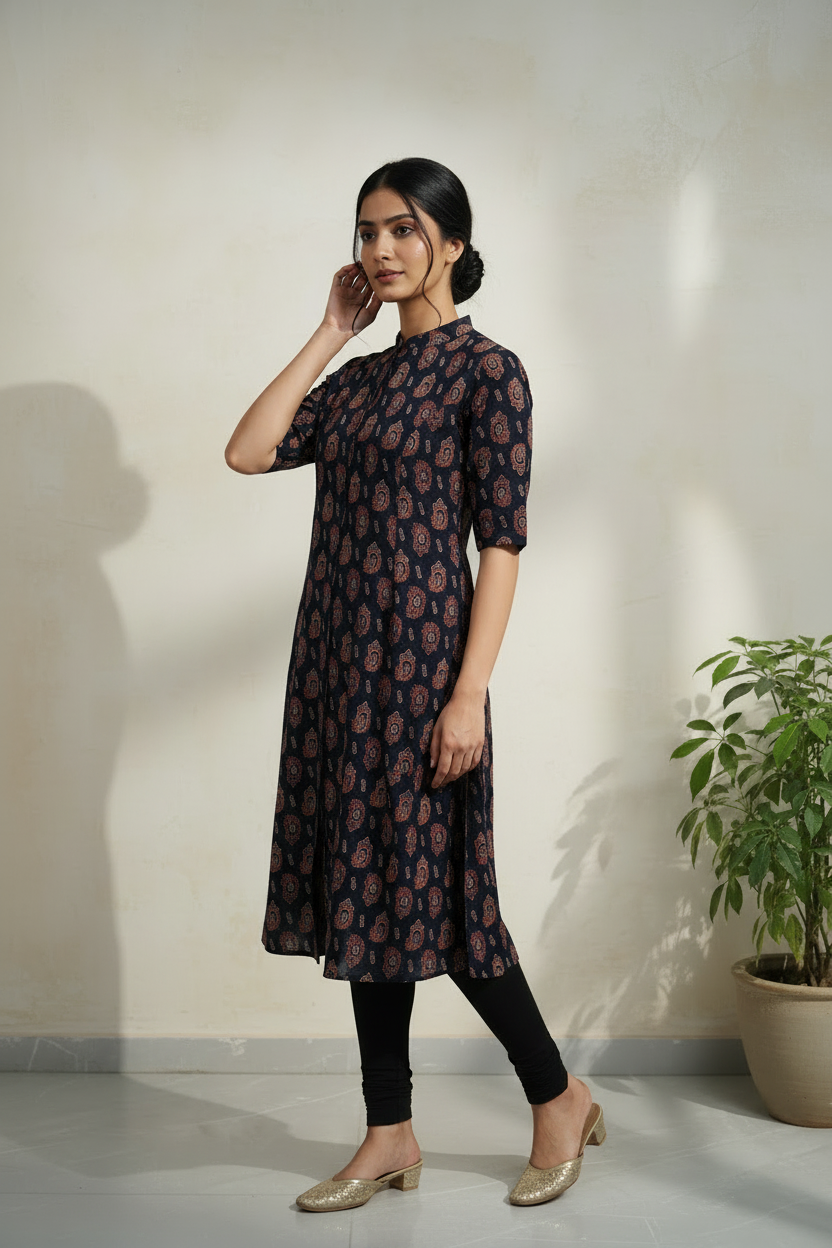 Navy Blue Ajrakh Fusion A-Line Kurti