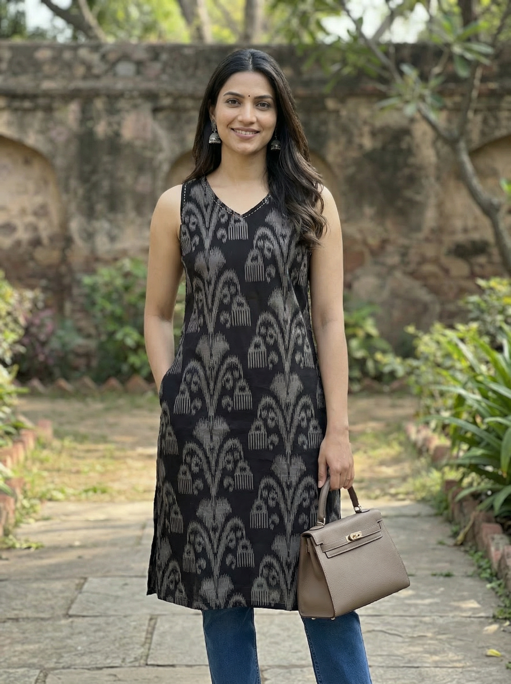 Women’s Black Hand Ikat Print Sleeveless Straight Fit Kurti with Thread Work