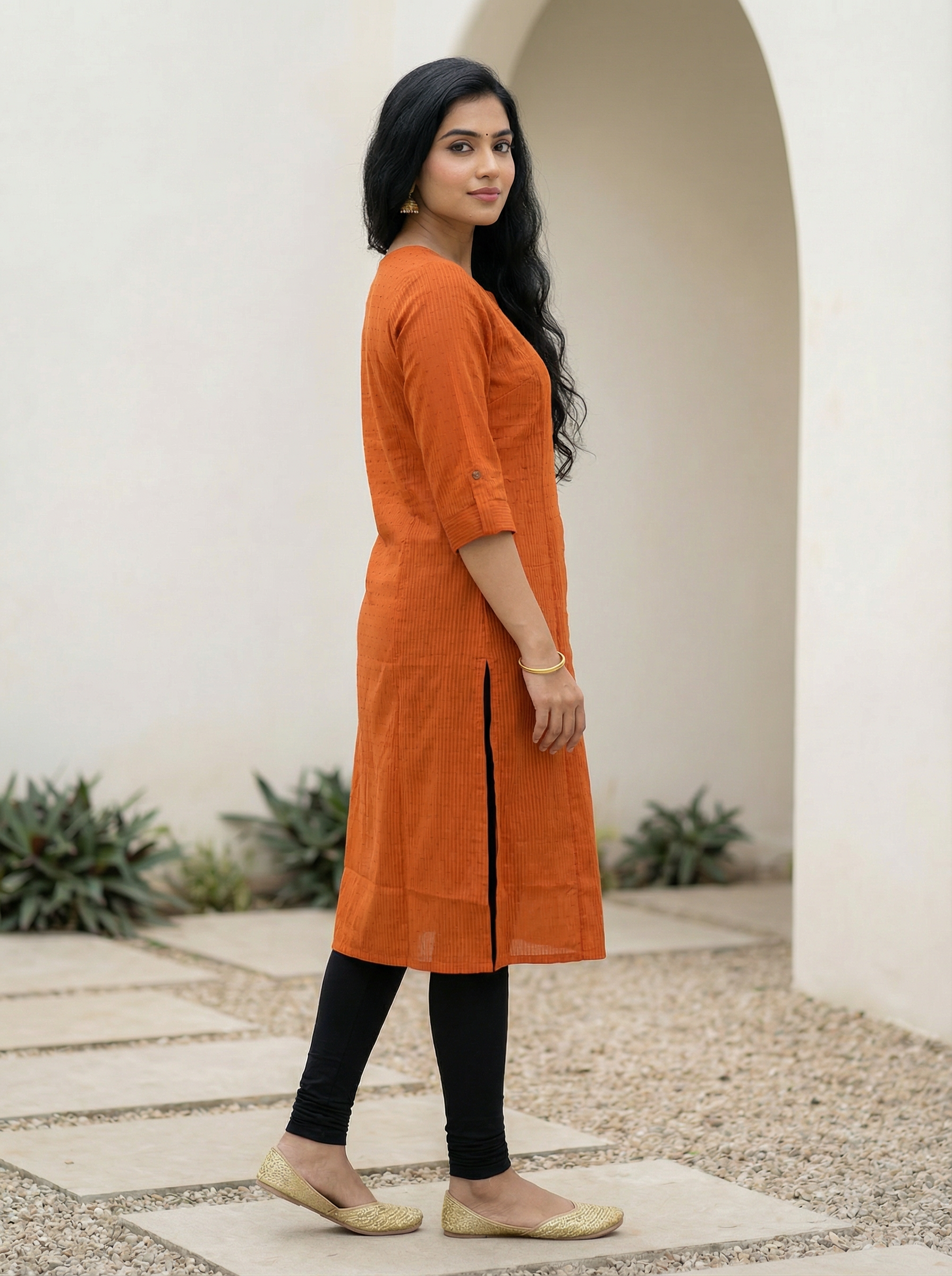 Rust Cotton Dobby Regular Round Neck Kurti