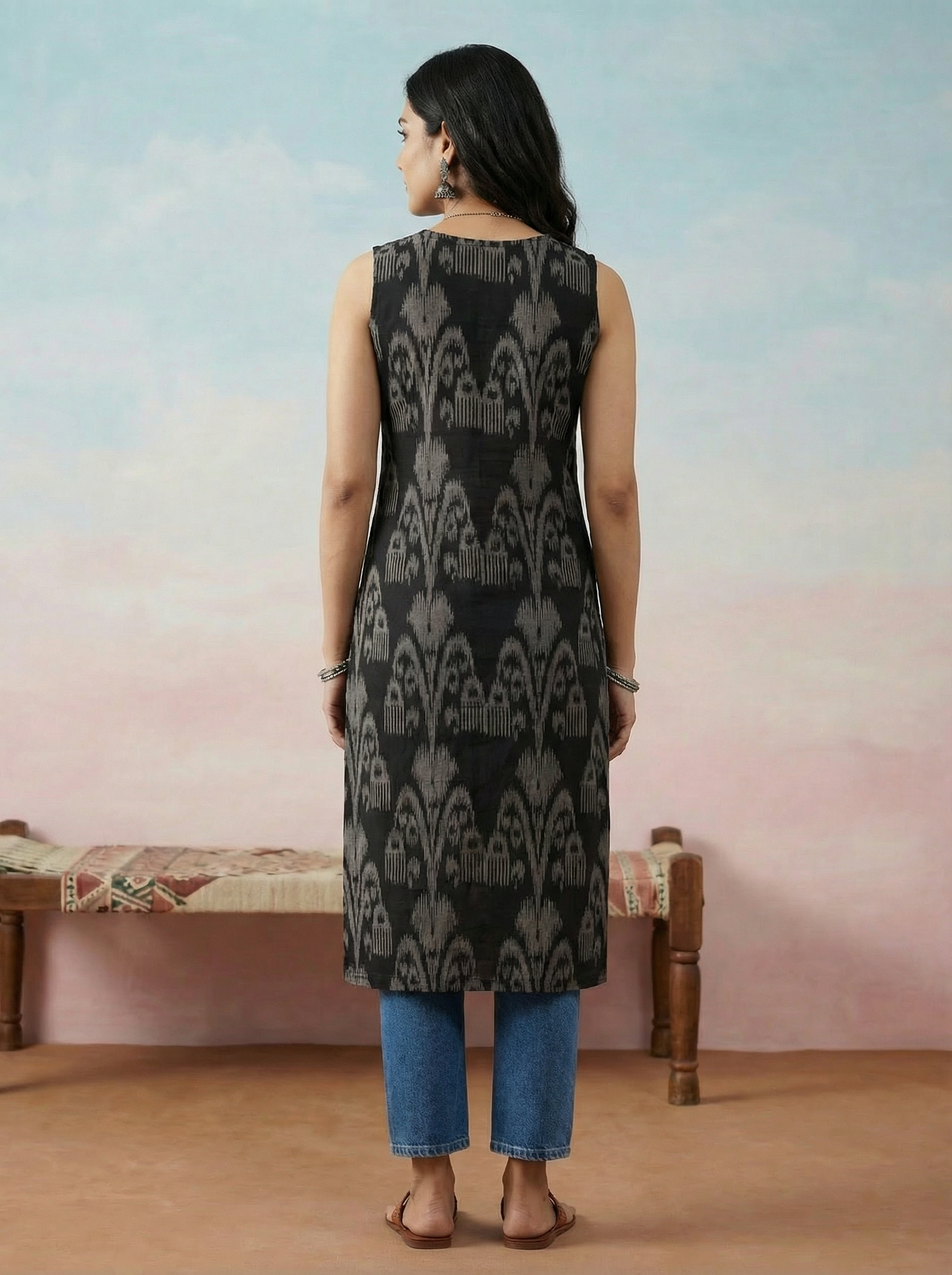 Women’s Black Hand Ikat Print Sleeveless Straight Fit Kurti with Thread Work