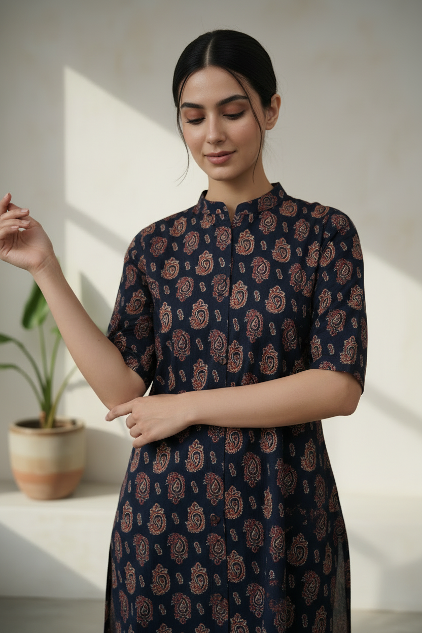 Navy Blue Ajrakh Fusion A-Line Kurti