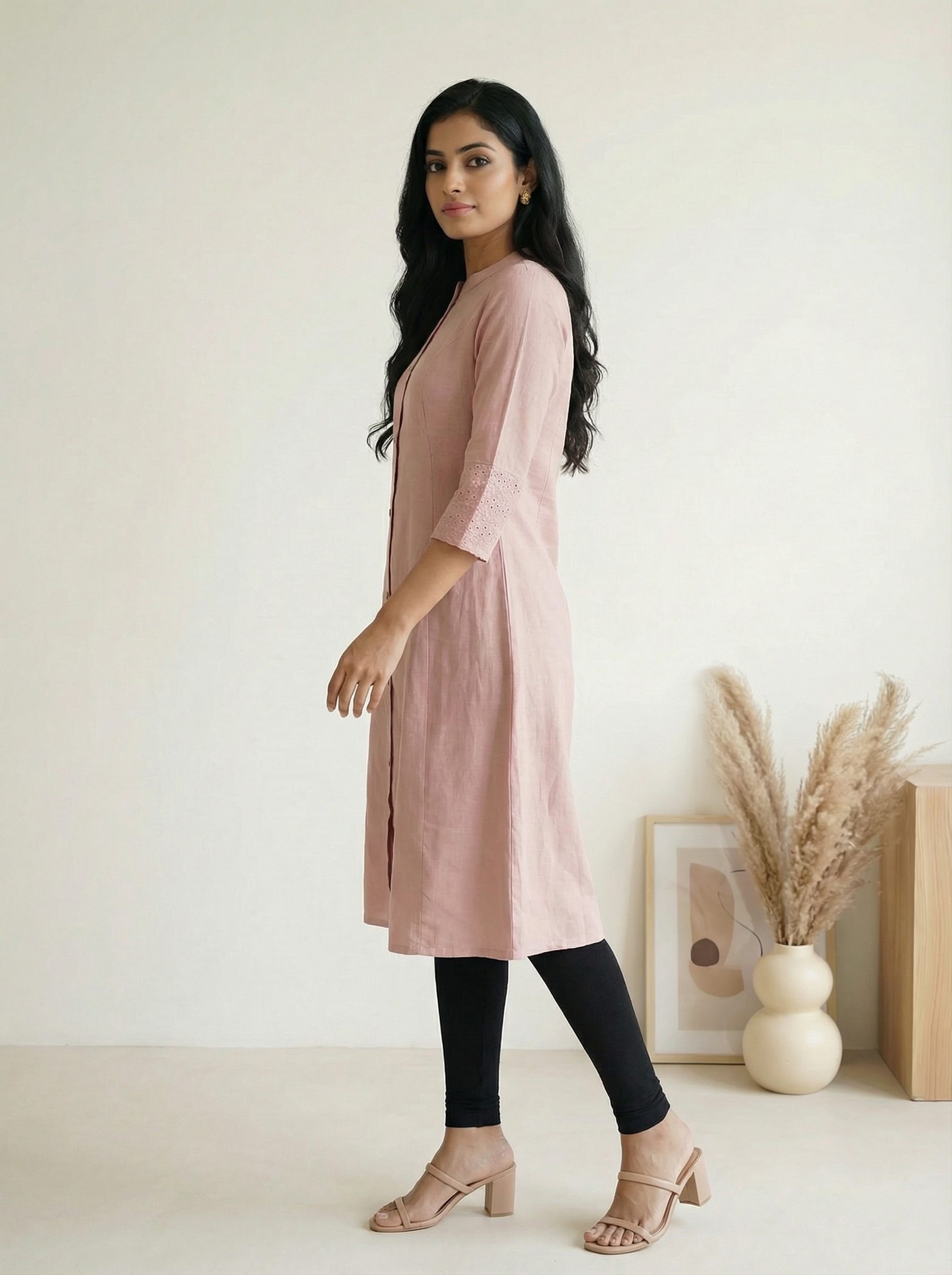 Pink Flex Cotton A-Line Kurti with Mandarin Collar