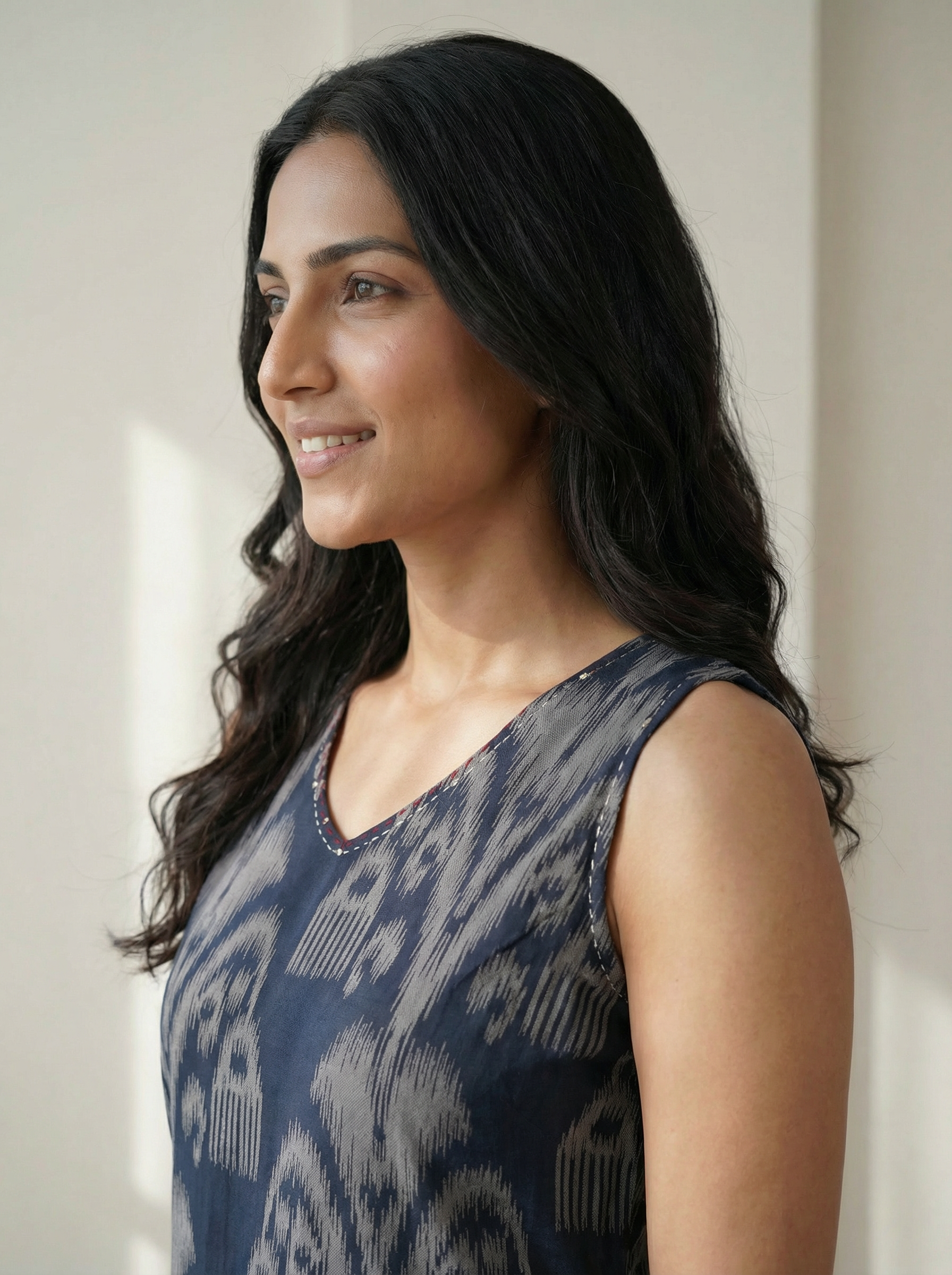 Women’s Blue Hand Ikat Print Sleeveless Straight Fit Top with Thread Work