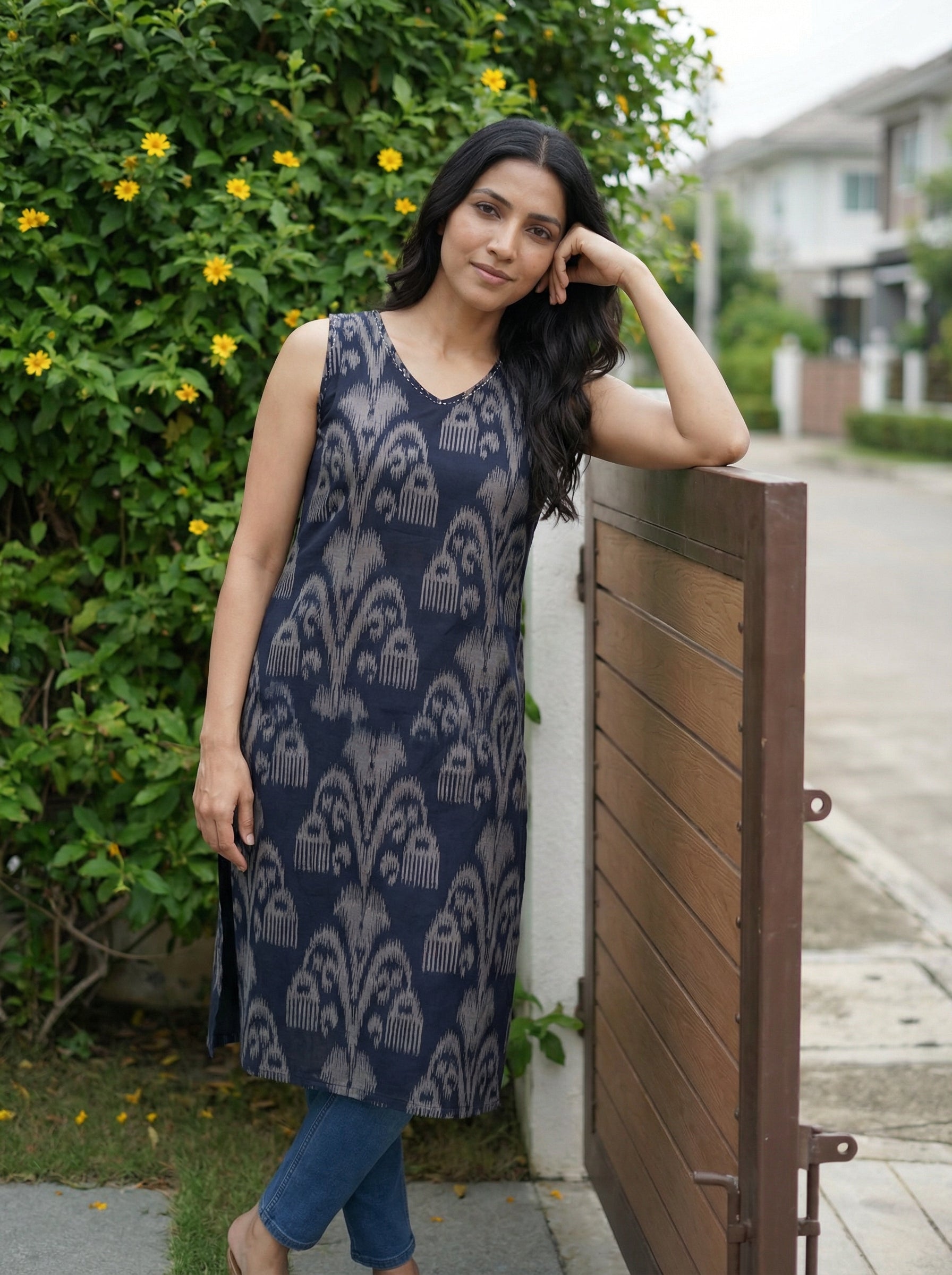 Women’s Blue Hand Ikat Print Sleeveless Straight Fit Top with Thread Work