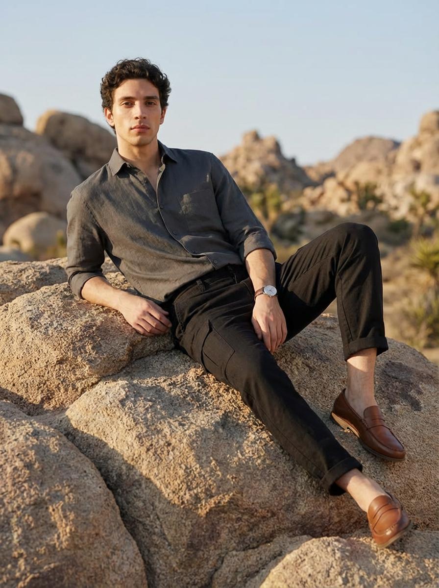 Men’s Black Linen Plain Cargo