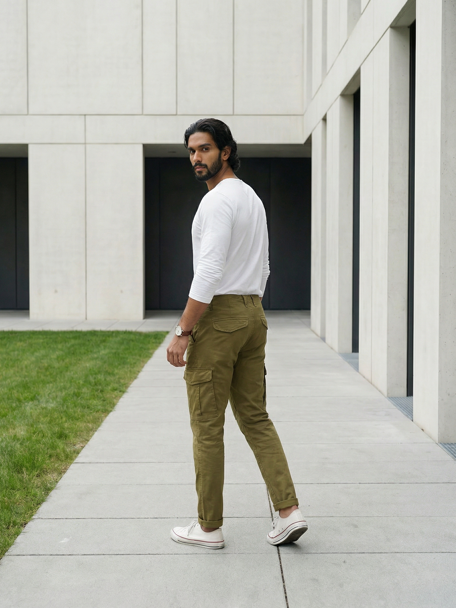 Men’s Olive Green Linen Plain Cargo