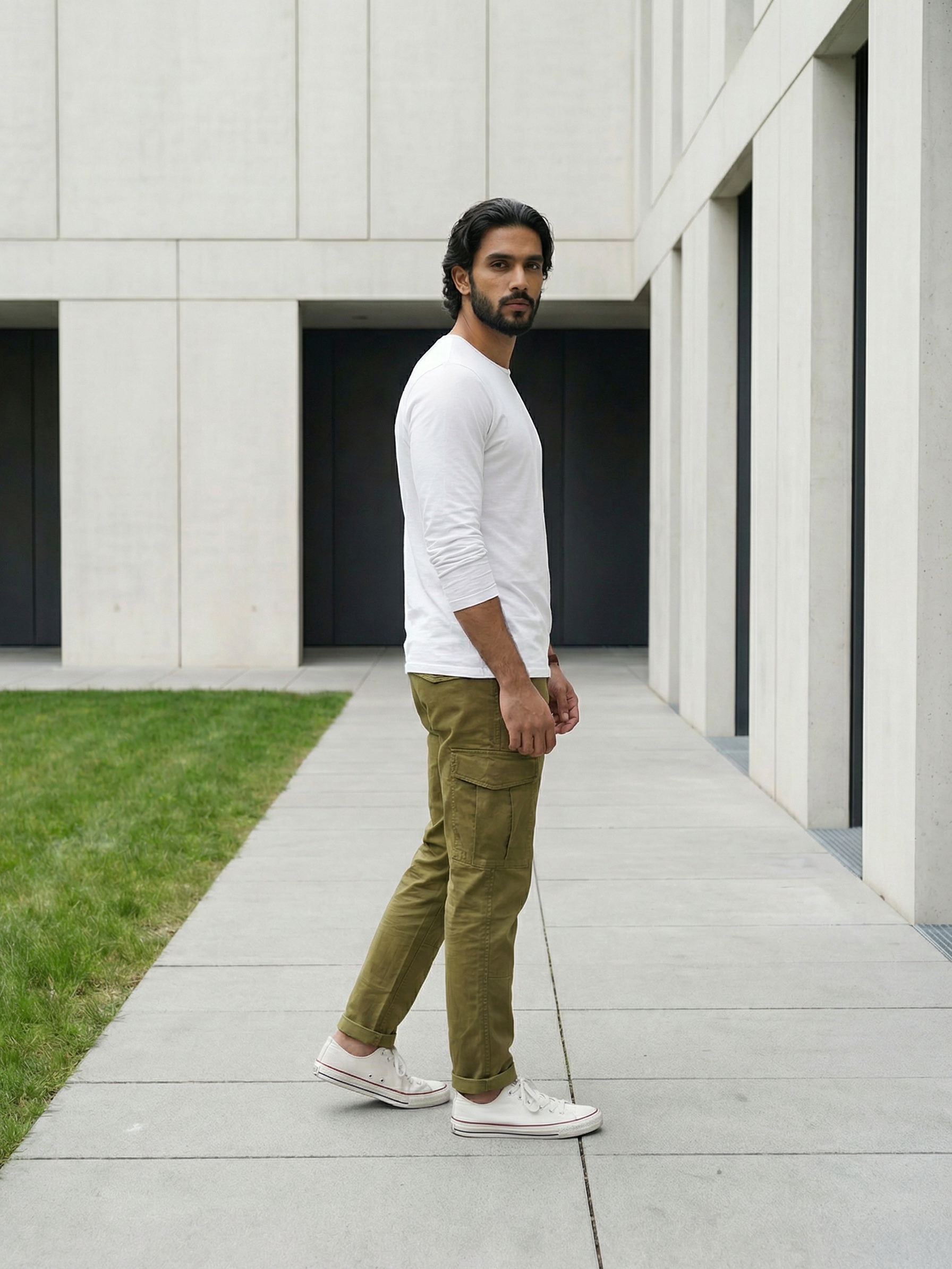 Men’s Olive Green Linen Plain Cargo