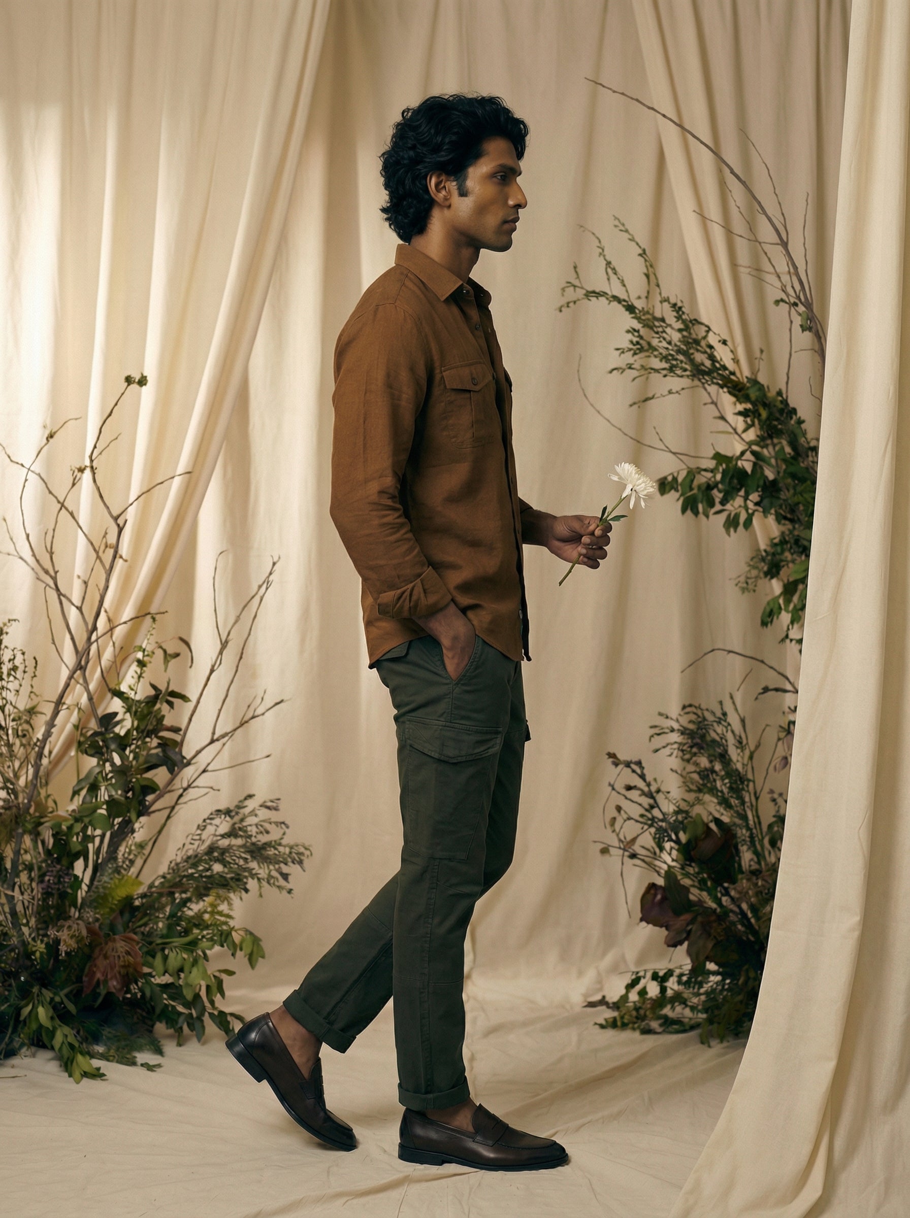Men’s Dark Green Linen Plain Cargo