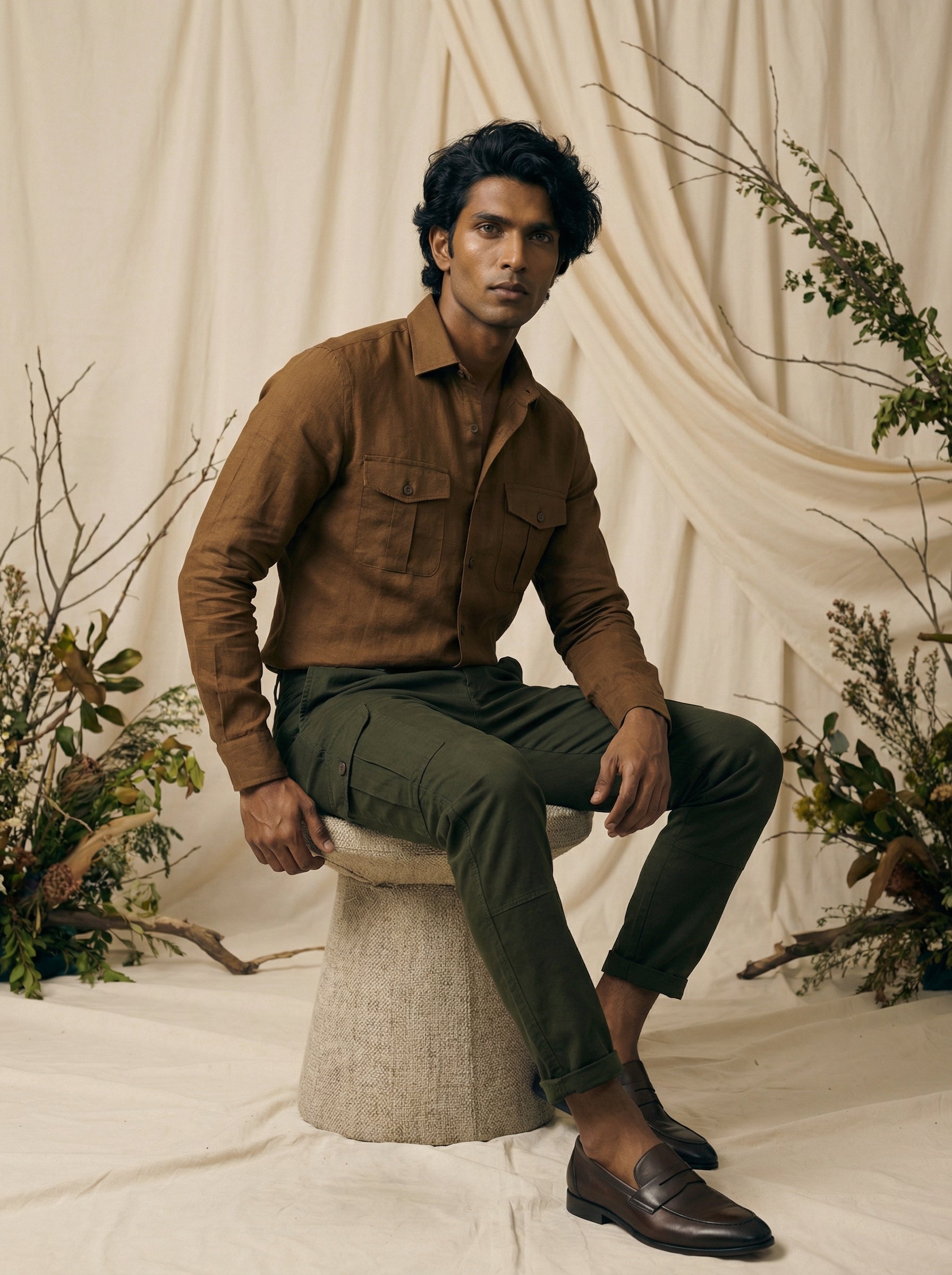 Men’s Dark Green Linen Plain Cargo