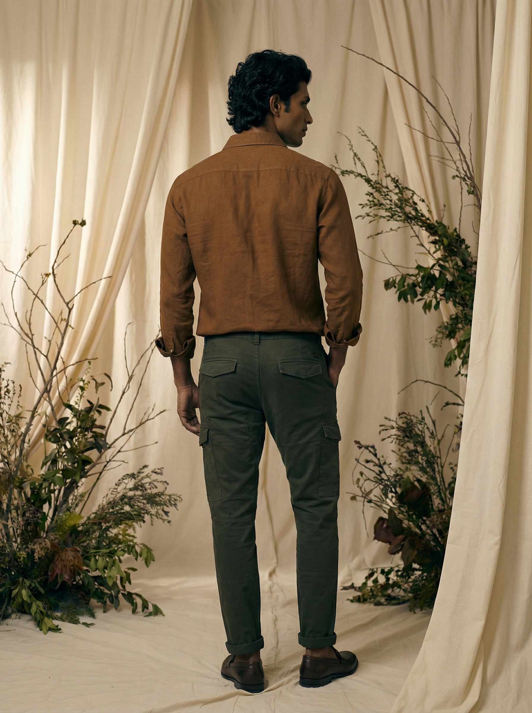 Men’s Dark Green Linen Plain Cargo