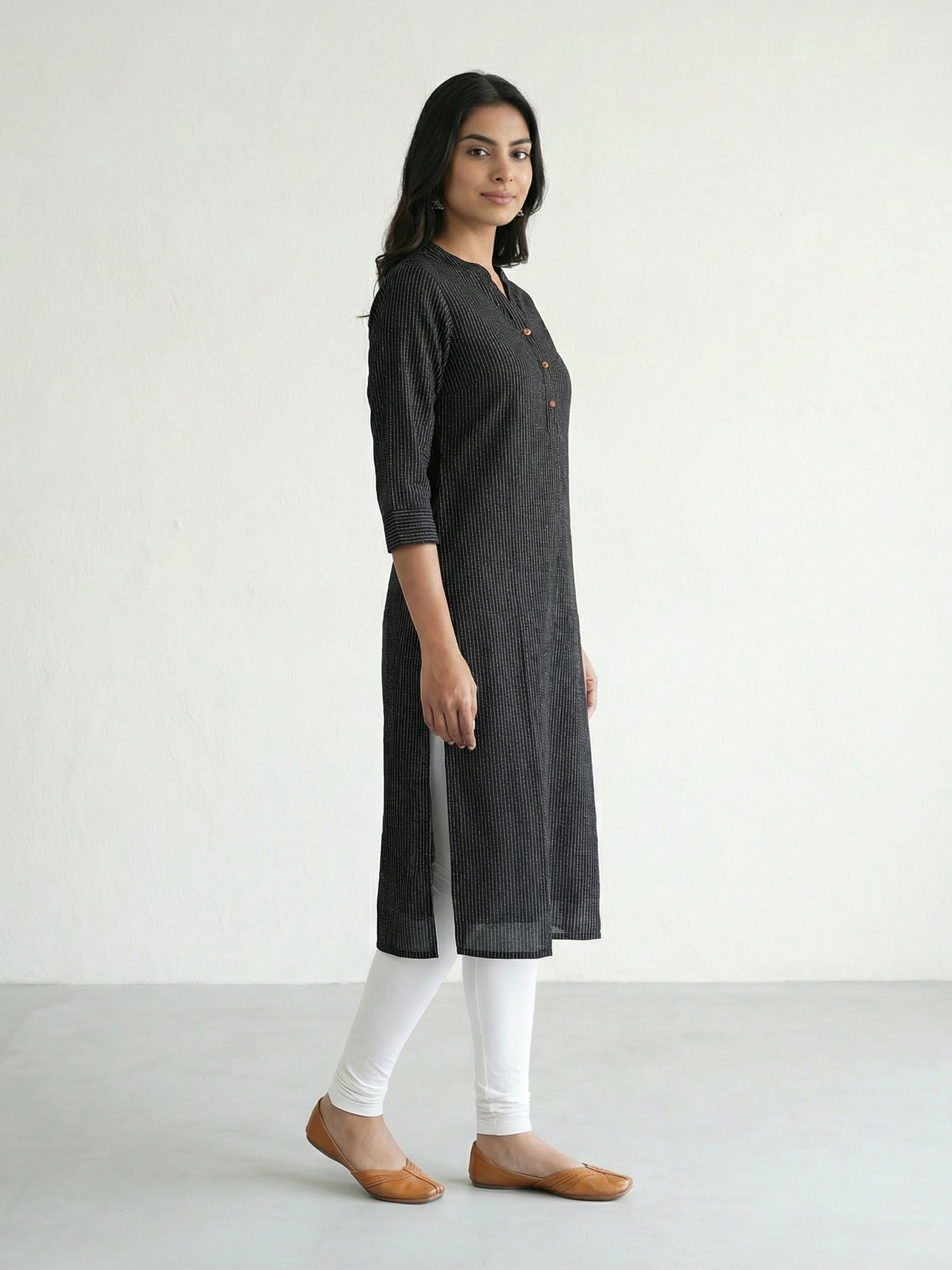 Black Cotton Katha Collar Neck 3/4Th Sleeve Kurti For Female