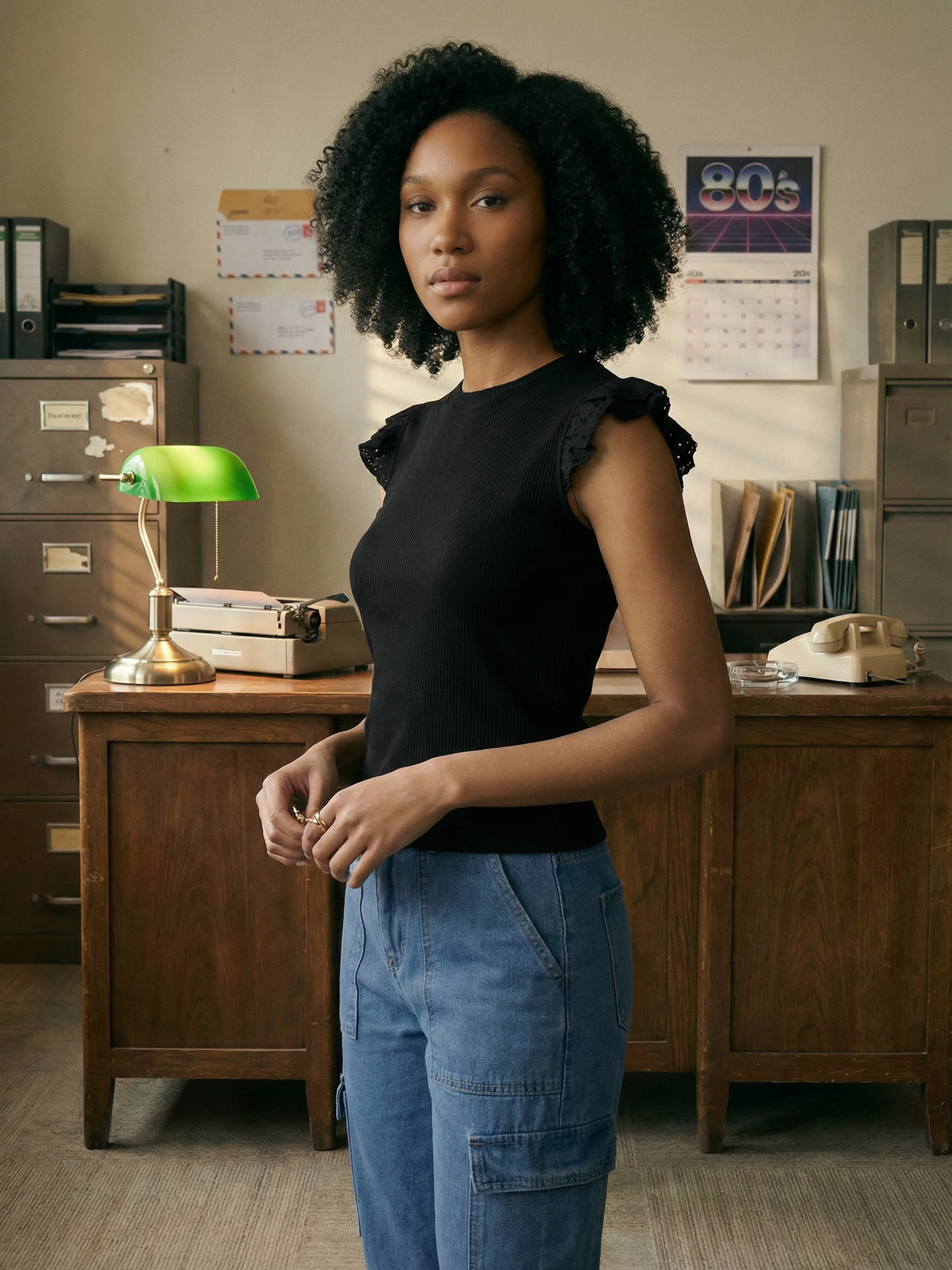 Women's Black Ribbed Cotton Schiffli Top with Round Neck