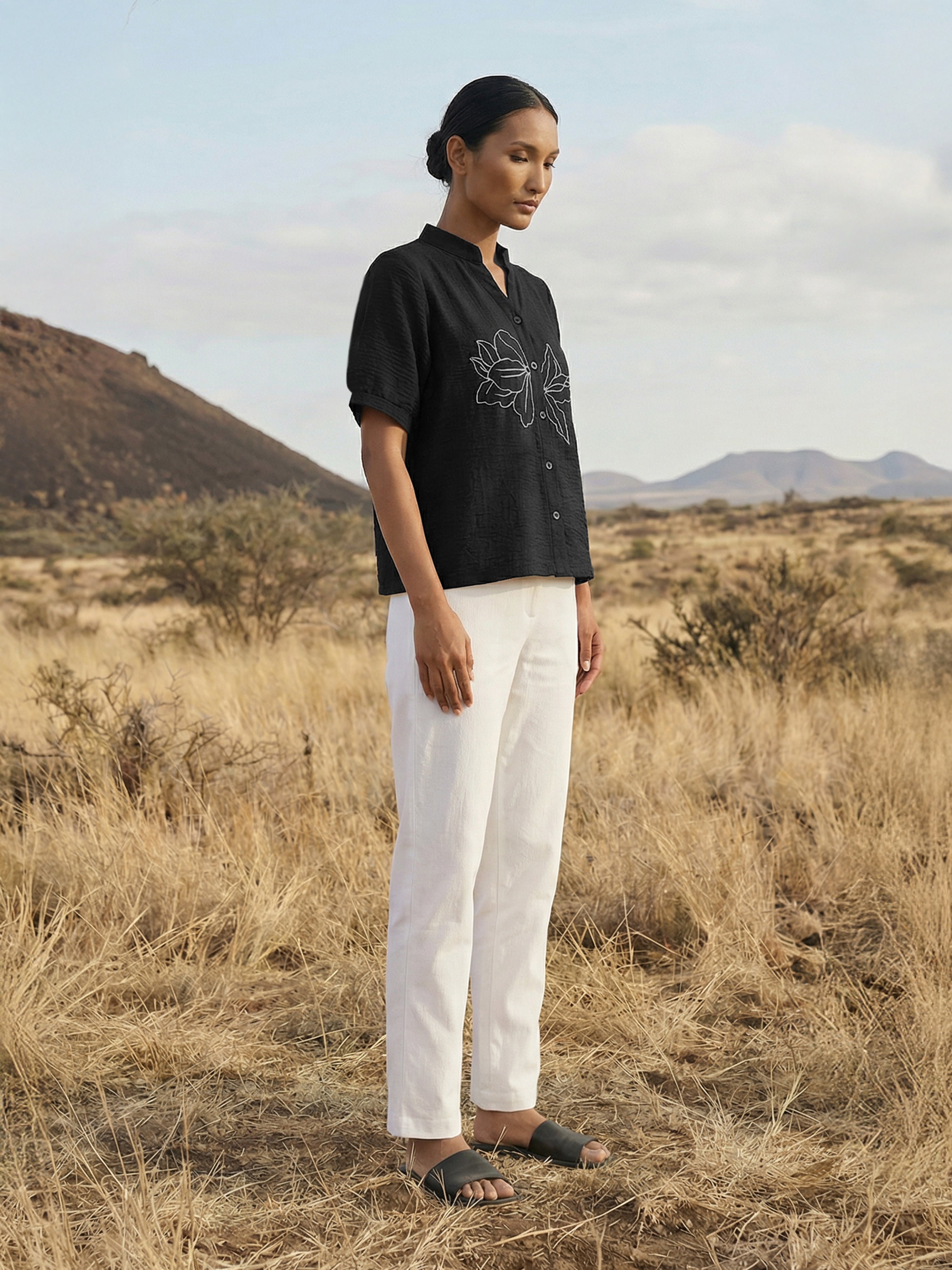 Women's Black Linen Top with Chinese Collar Neck