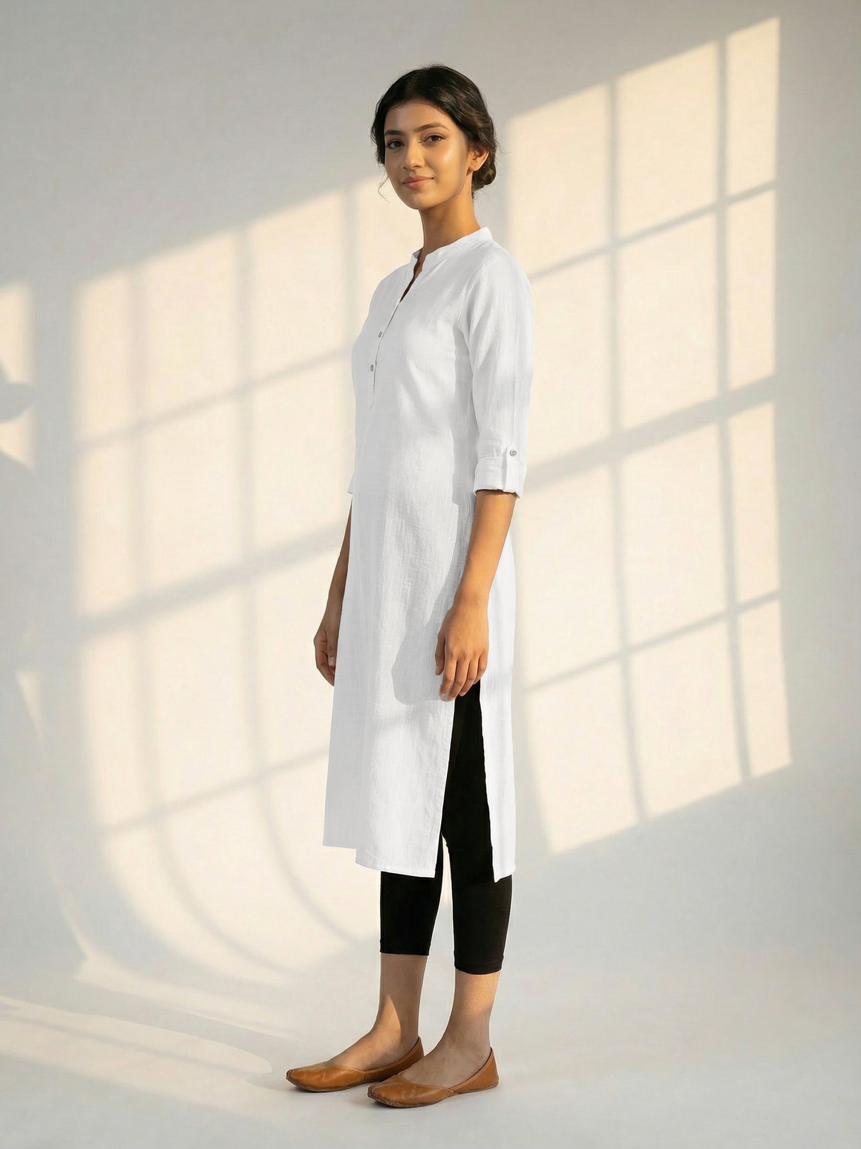 White Cotton Katha Collar Neck 3/4Th Sleeve Kurti For Female