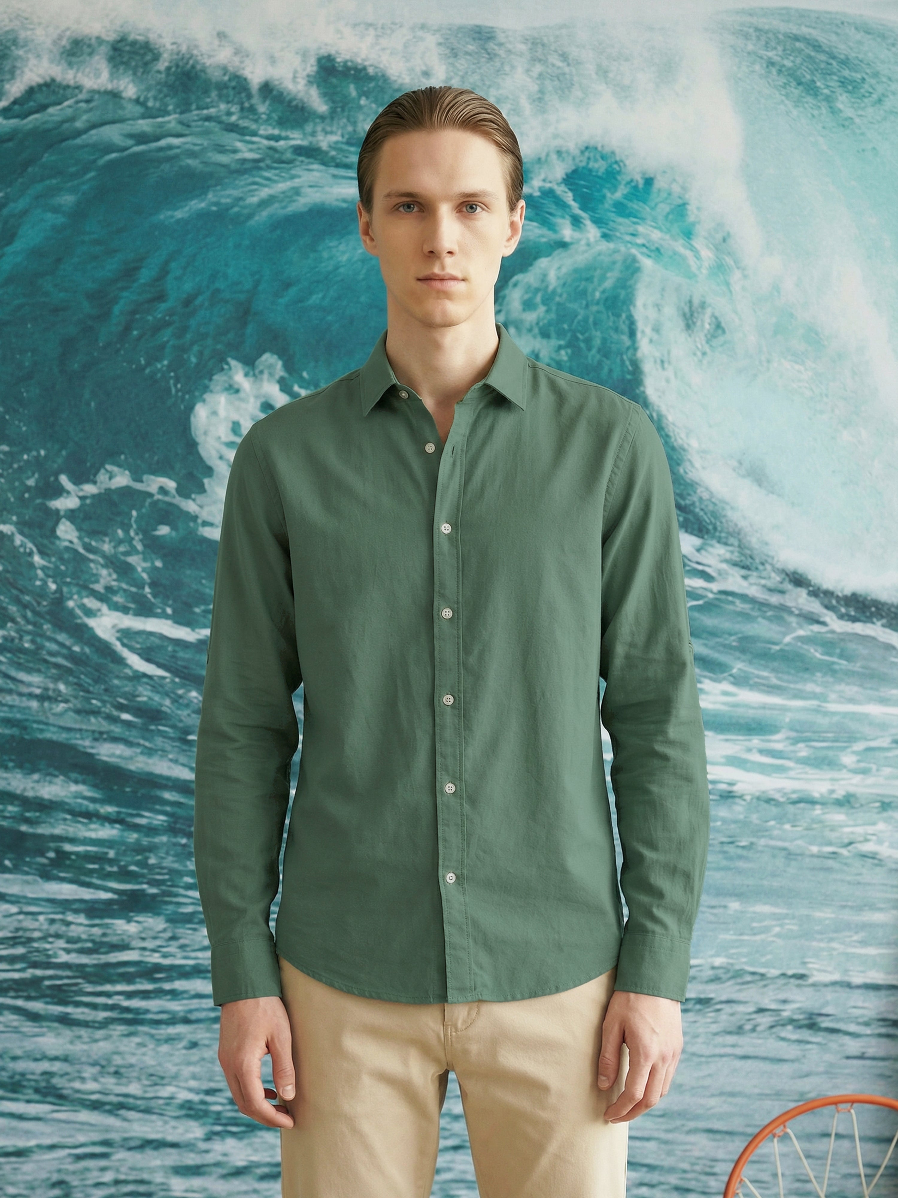 Olive Semi Cotton Cut Away Collar Full Sleeves Mens Shirt