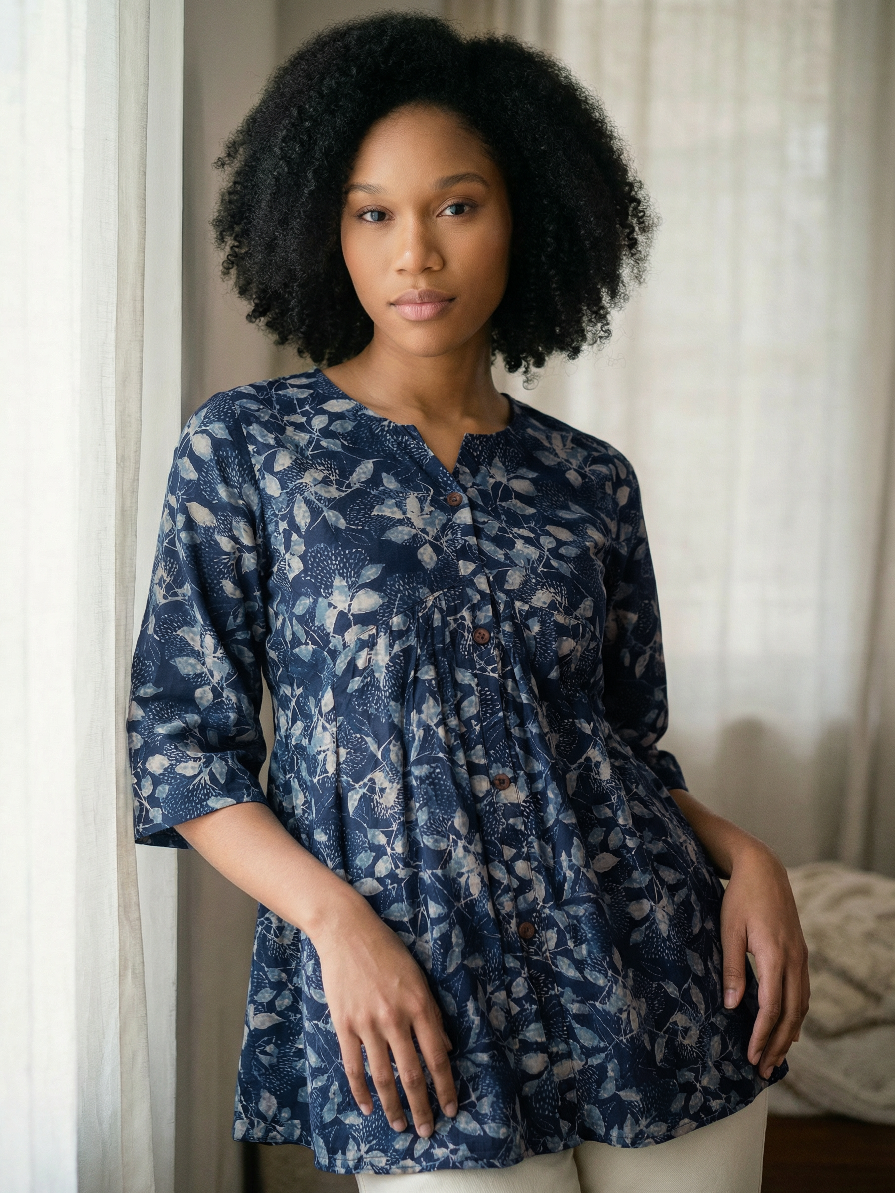 Women's Navy Blue Cotton Top with Round Neck Neck