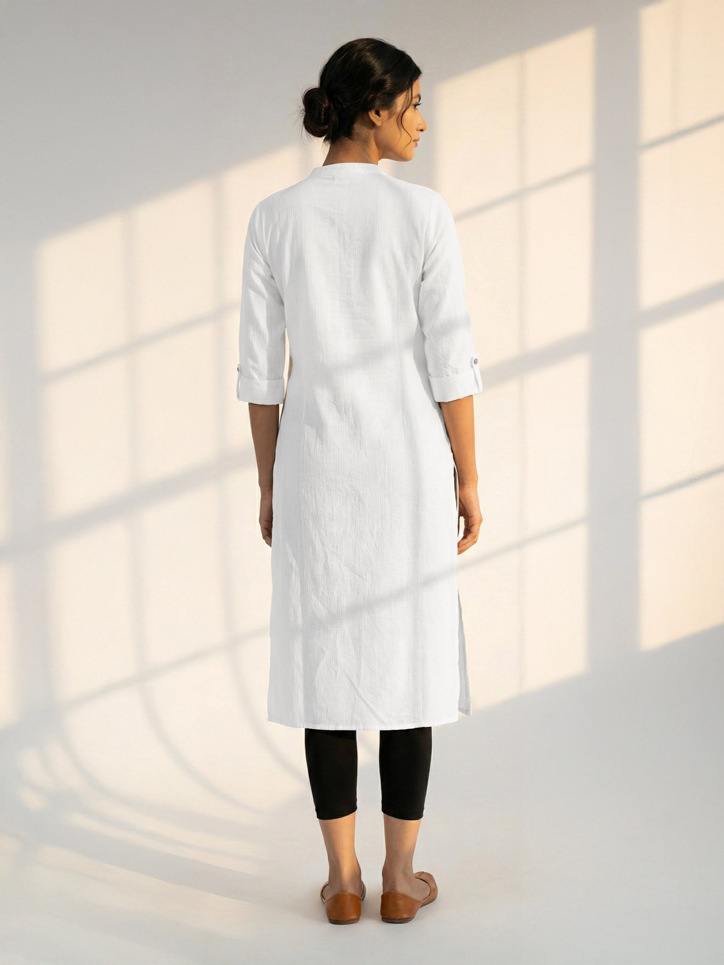 White Cotton Katha Collar Neck 3/4Th Sleeve Kurti For Female