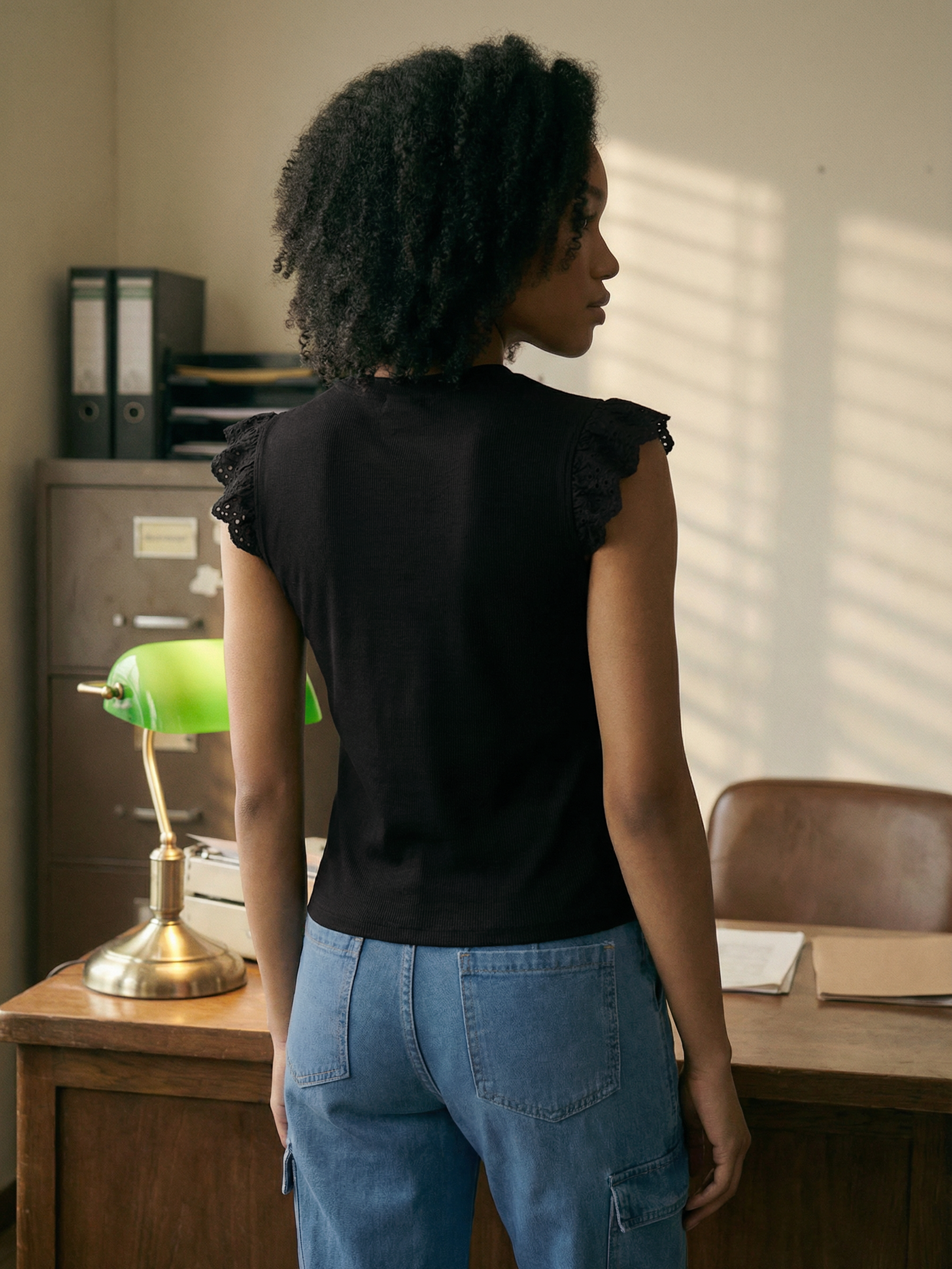 Women's Black Ribbed Cotton Schiffli Top with Round Neck