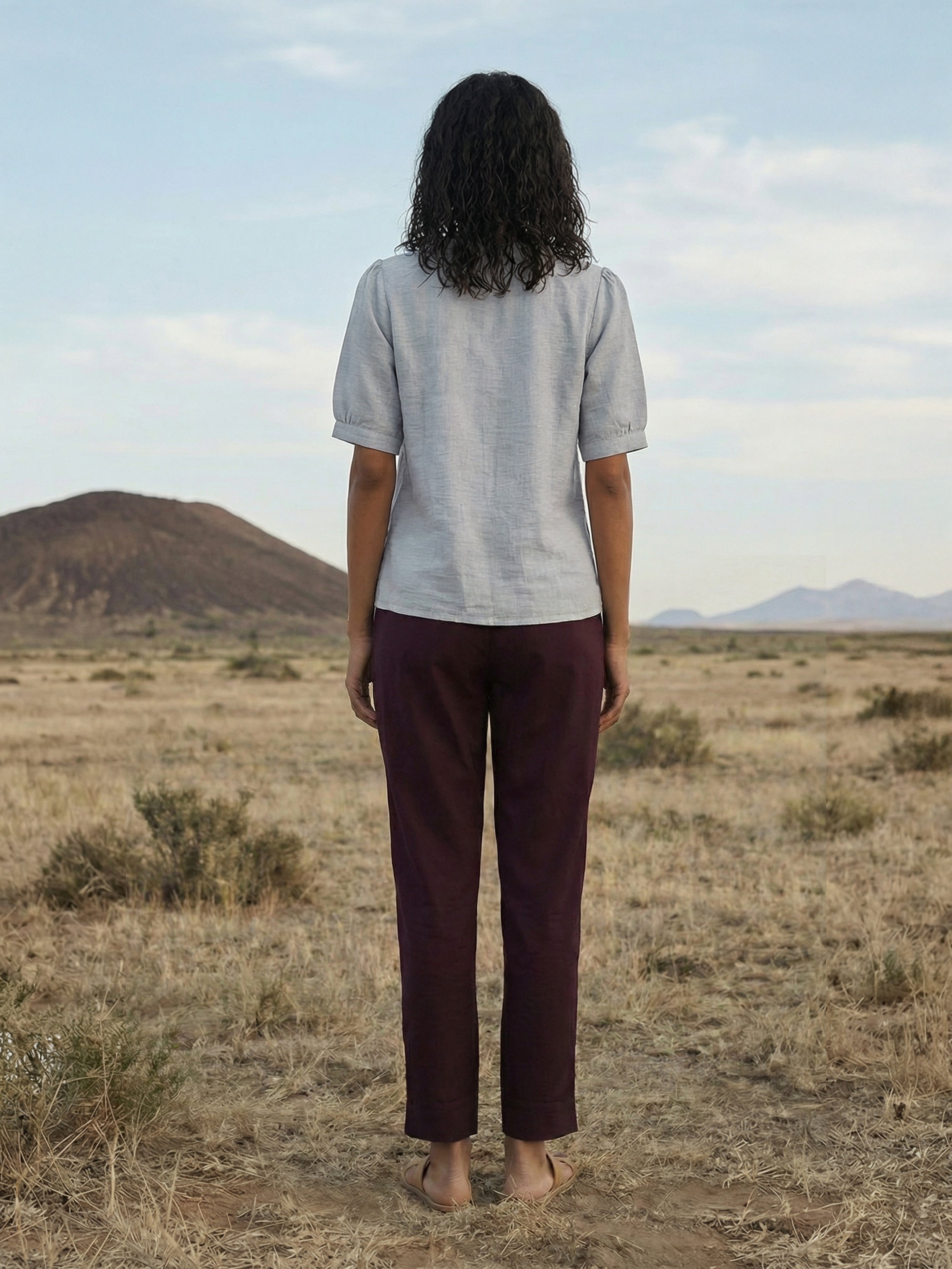 Women's Grey Linen Top with Chinese Collar Neck